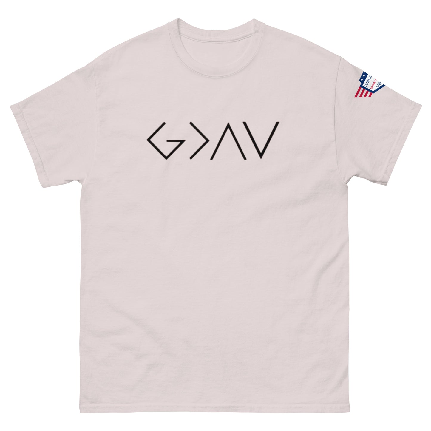 Front view of ash gray unisex t-shirt with bold black "G > AV" chest print and US flag sleeve patch