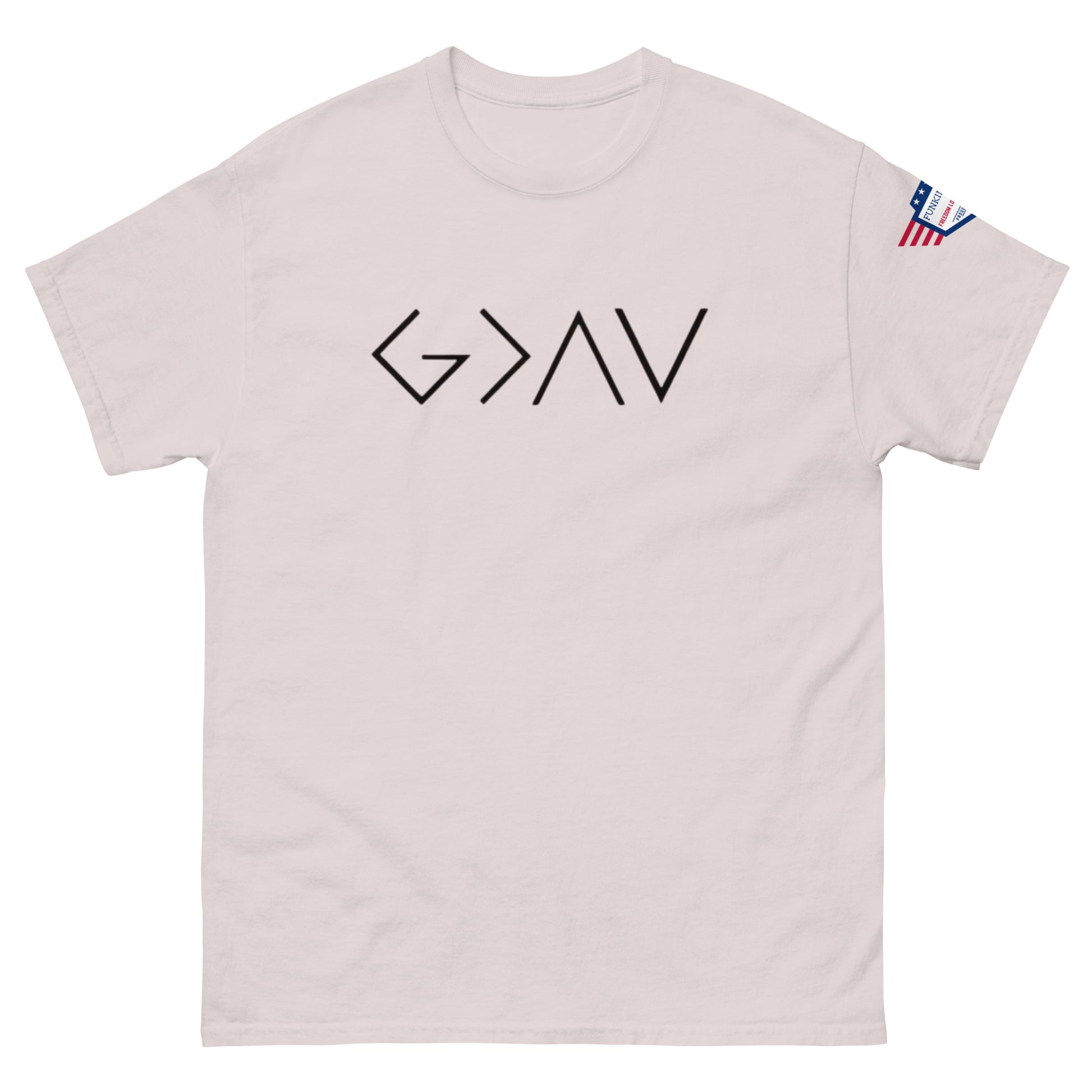 Front view of ash gray unisex t-shirt with bold black "G > AV" chest print and US flag sleeve patch