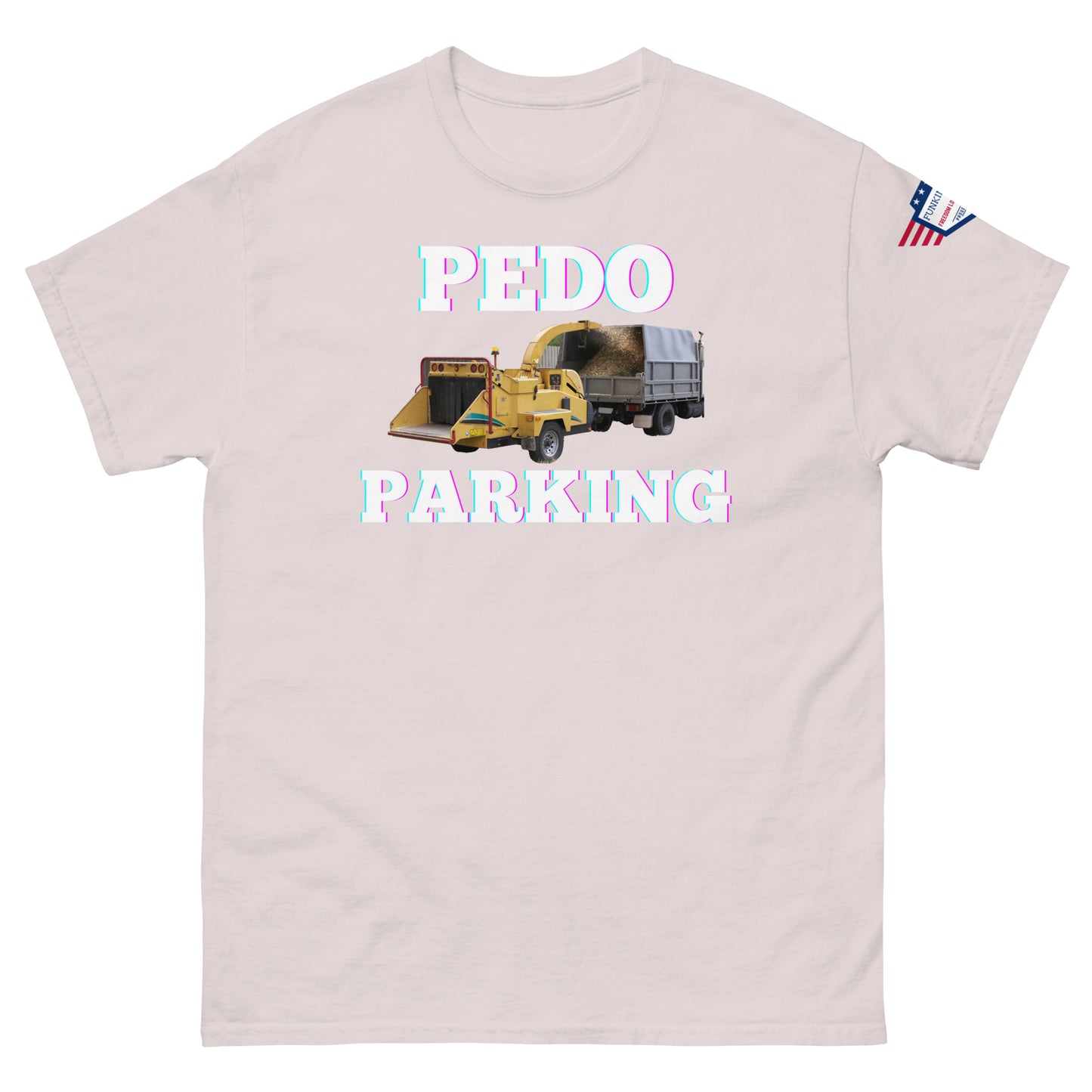 Front view of light heather pink unisex tee with pink-glow "PLOWDO PARKING" print, yellow plow truck graphic, USA flag sleeve patch