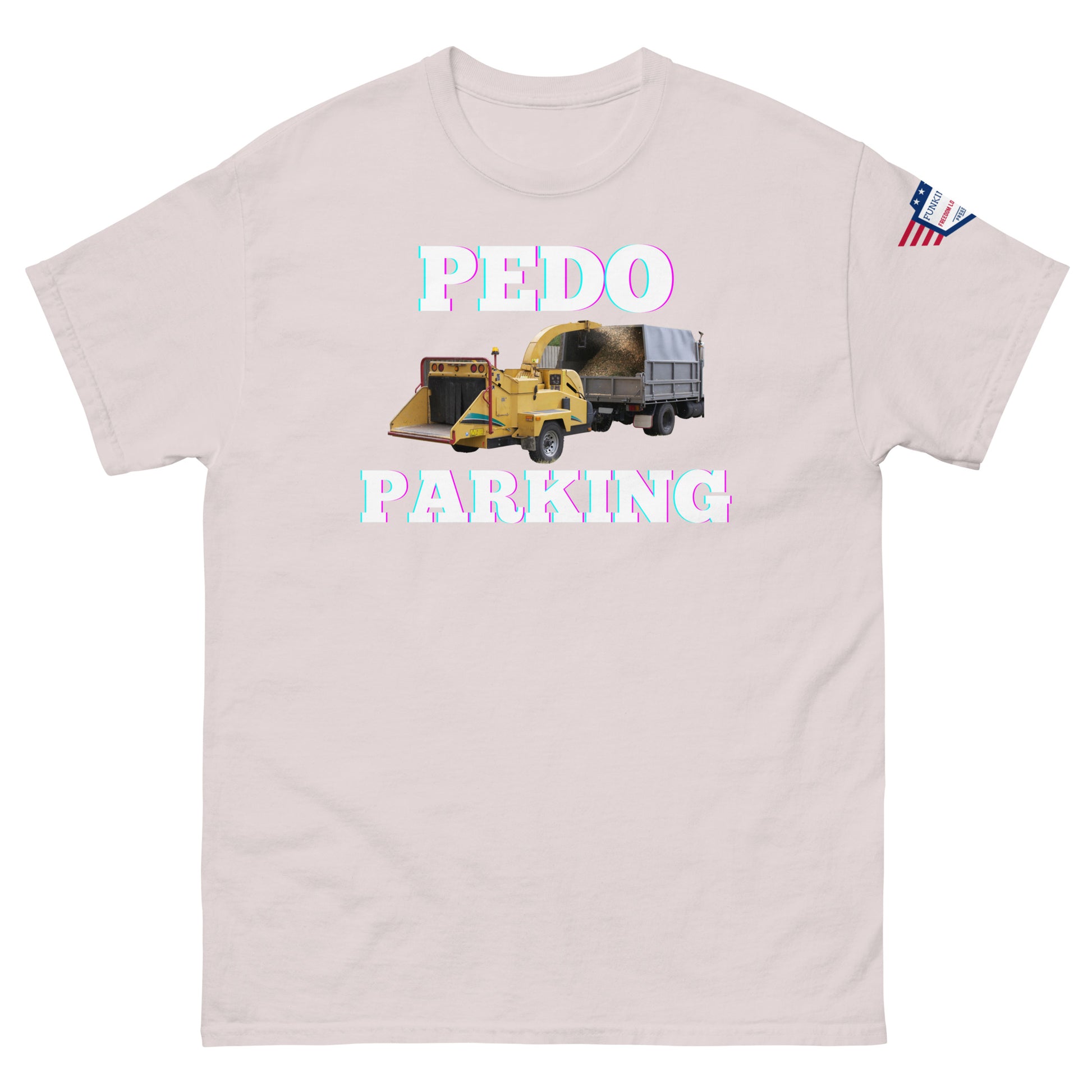 Front view of light heather pink unisex tee with pink-glow "PLOWDO PARKING" print, yellow plow truck graphic, USA flag sleeve patch