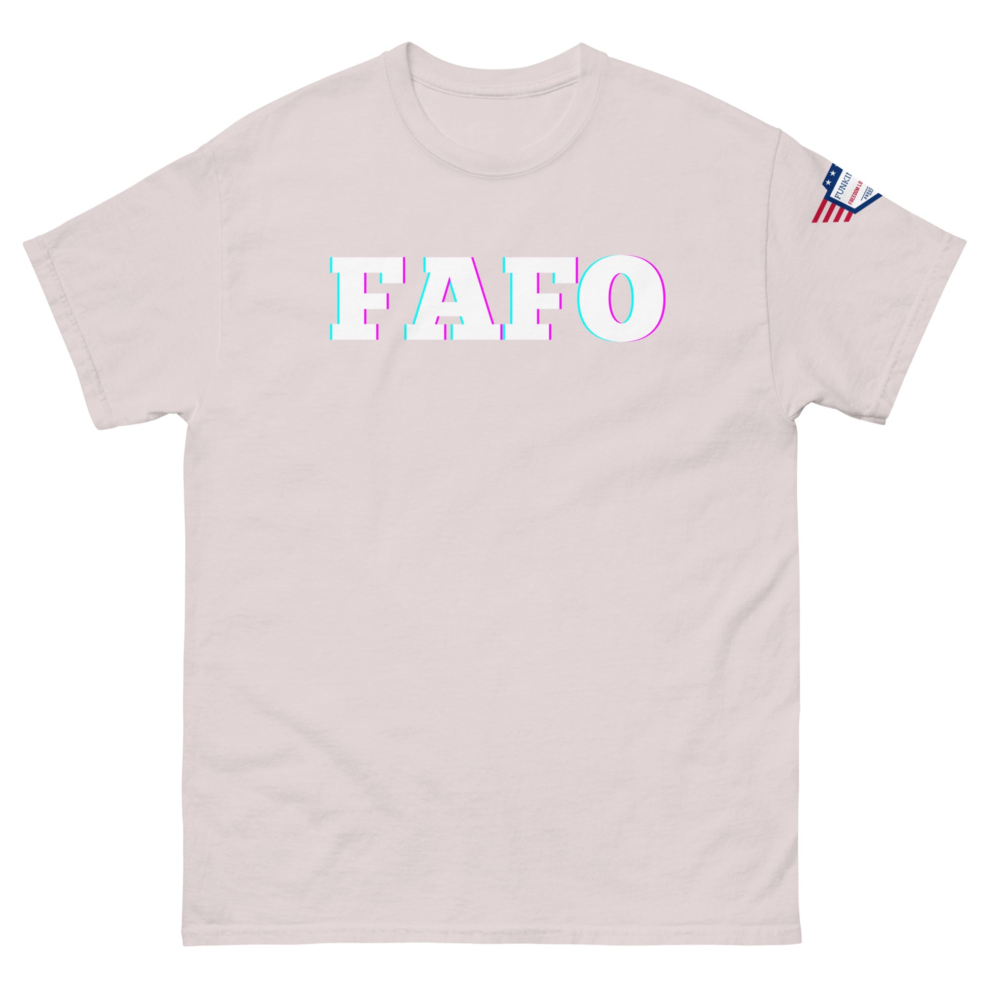 Front view of light ash unisex T-shirt with bold white "FAFO" glitch graphic and US flag sleeve patch