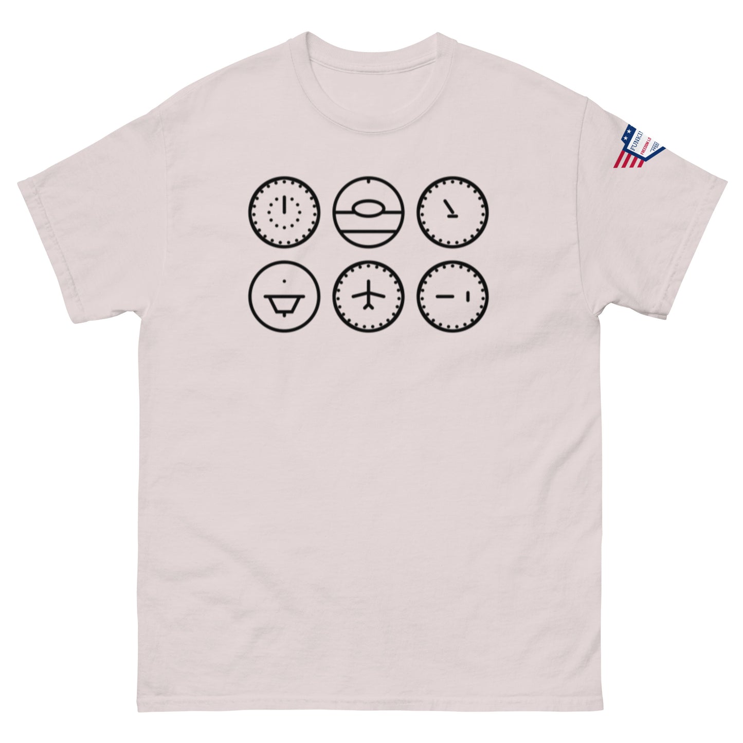 Light ash tee front, six black-lined clocks ready to roast your lateness