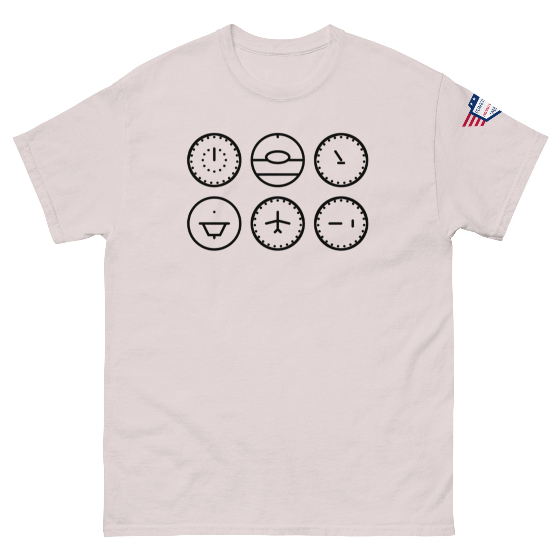 Light ash tee front, six black-lined clocks ready to roast your lateness