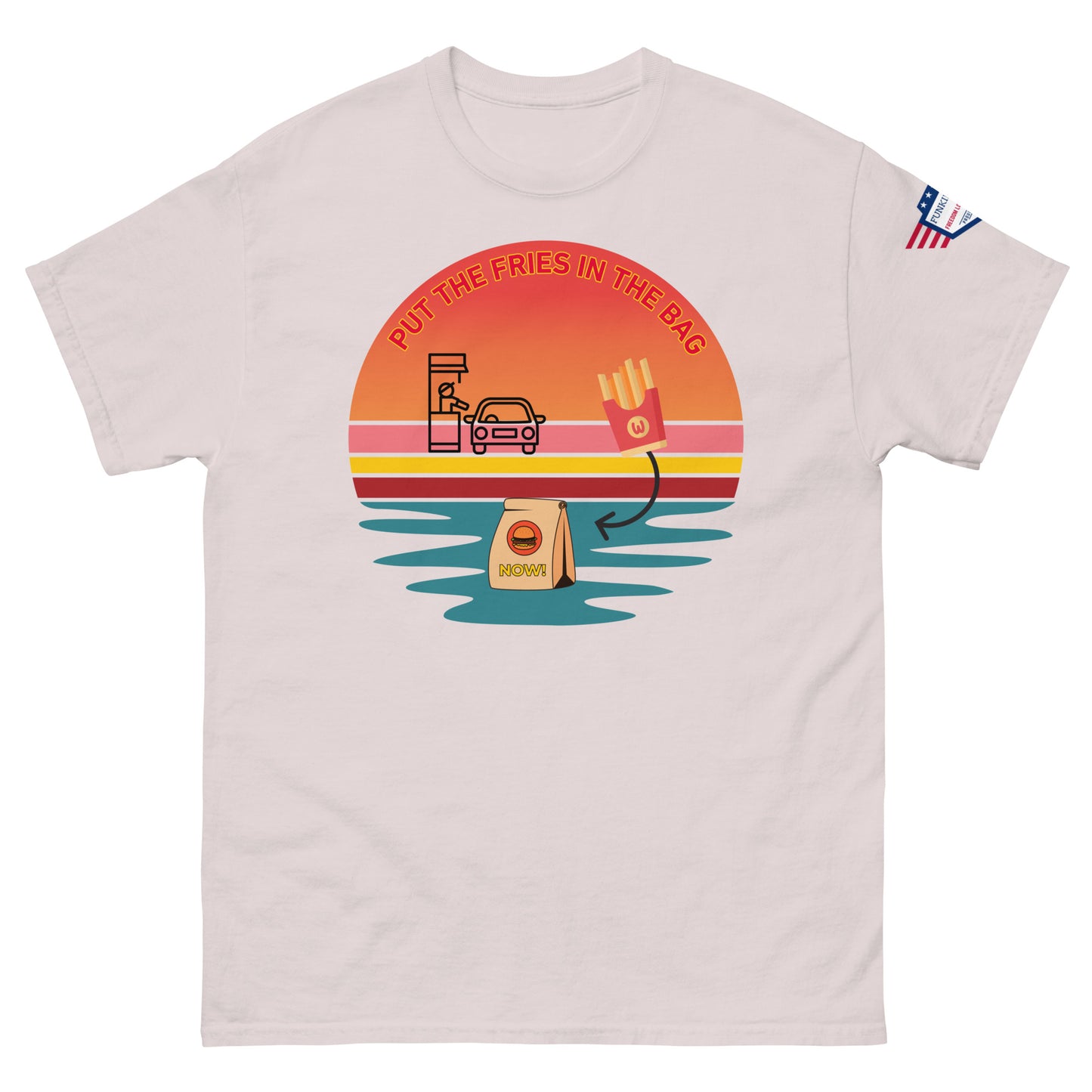 Front view of light gray unisex t-shirt with "PUT THE FRIES IN THE BAG" sunset beach drive-thru design