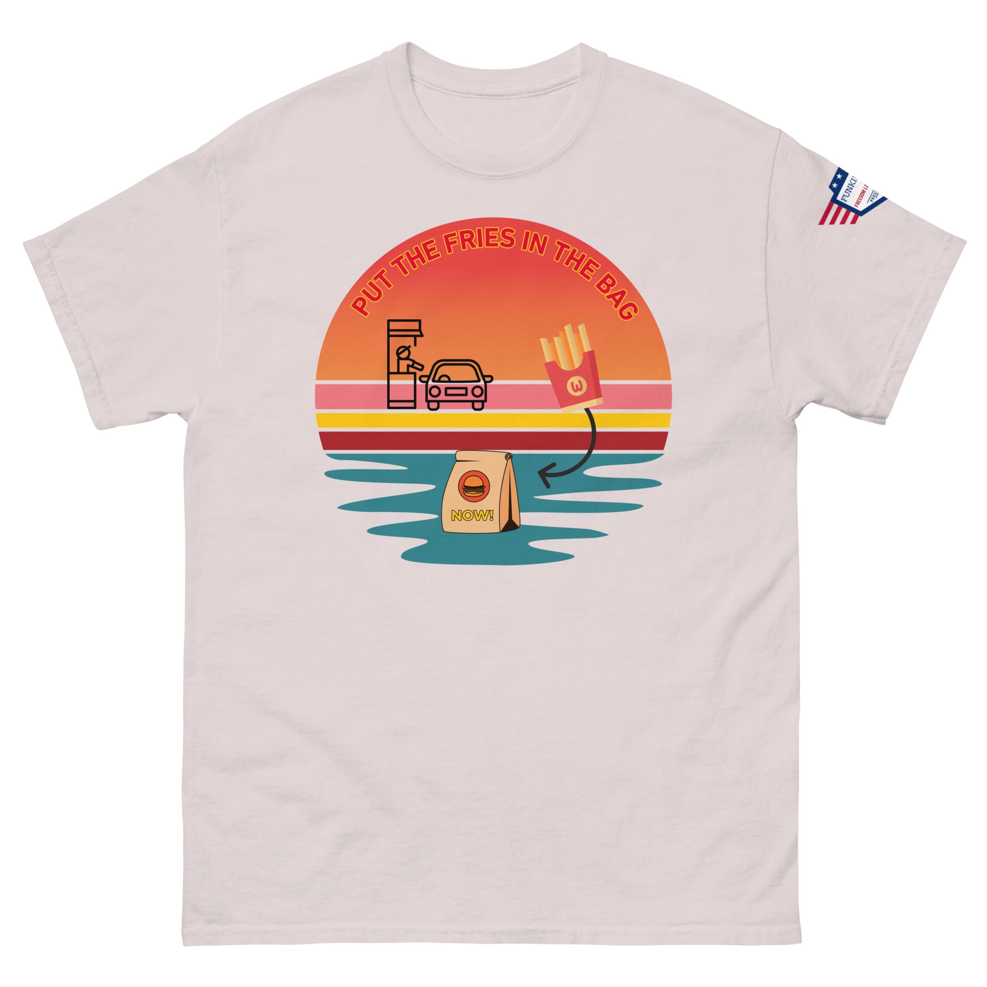 Front view of light gray unisex t-shirt with "PUT THE FRIES IN THE BAG" sunset beach drive-thru design