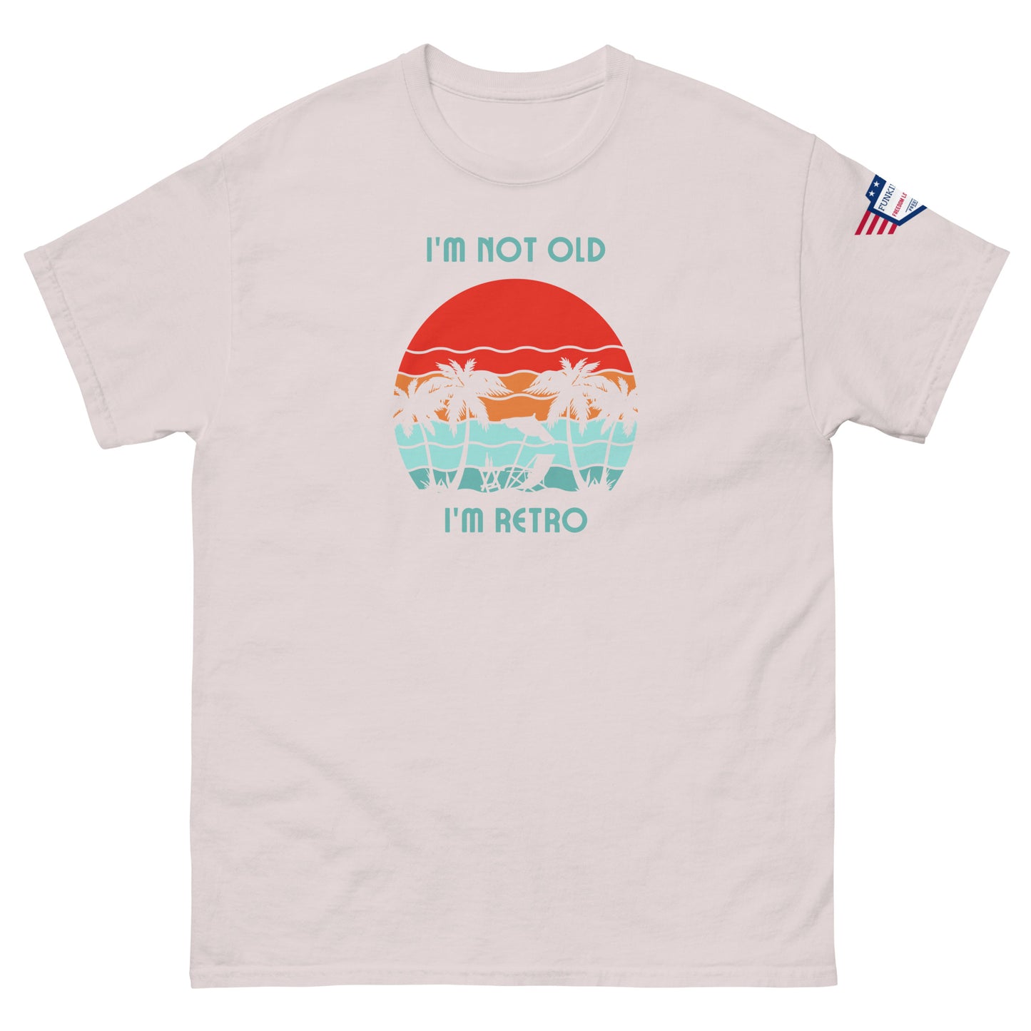 Front view of ash pink unisex t-shirt print: "I'm not old I'm retro" sunset waves and palms
