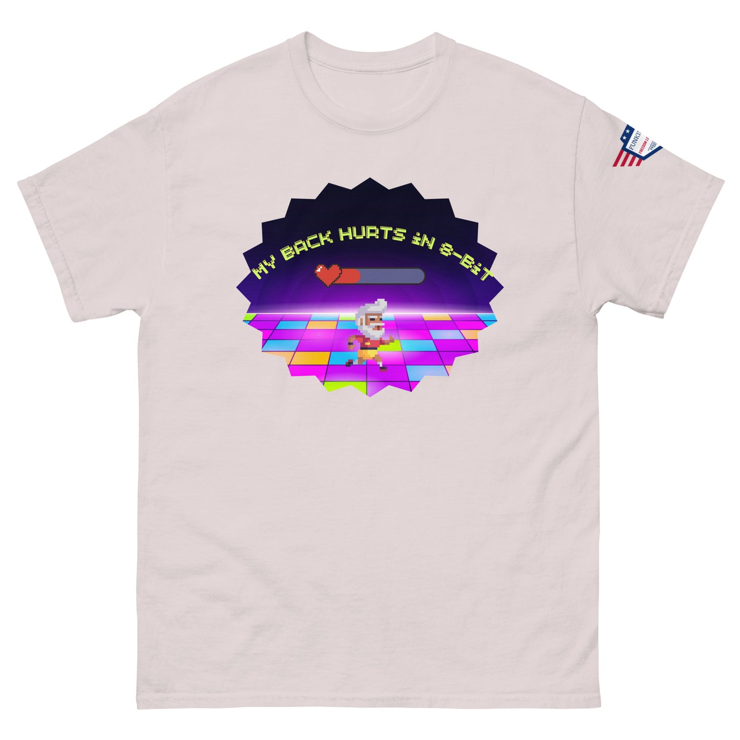 Light ash tee front, funny "My Back Hurts 98%" loading chef on pixel floor meme, USA flag sleeve