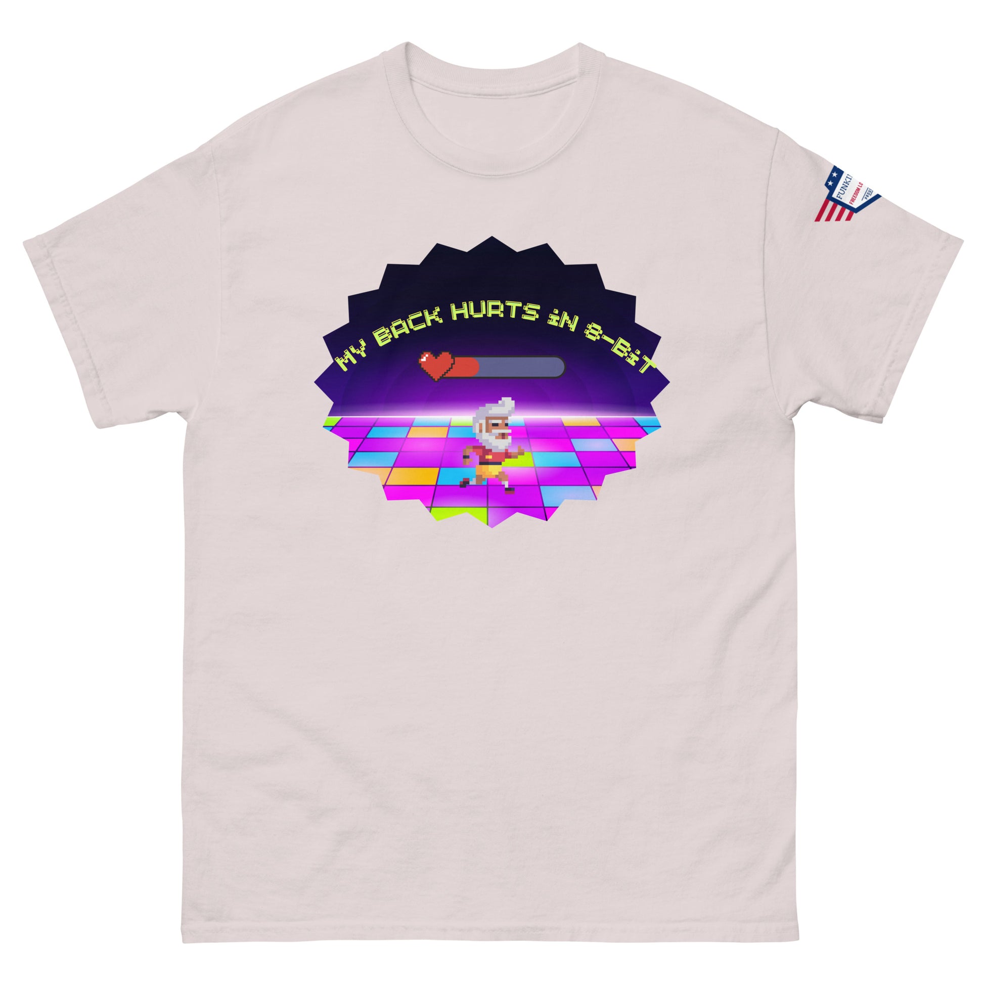 Light ash tee front, funny "My Back Hurts 98%" loading chef on pixel floor meme, USA flag sleeve