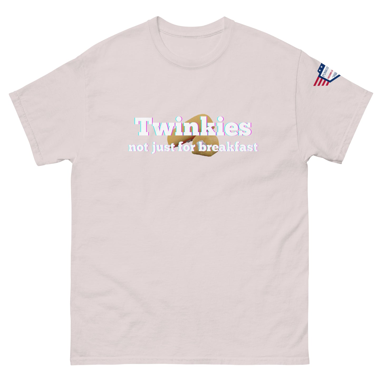 Front view of light pink unisex tee with "Twinkiesies" iridescent print, Twinkie graphic, "not just for breakfast," sleeve flag