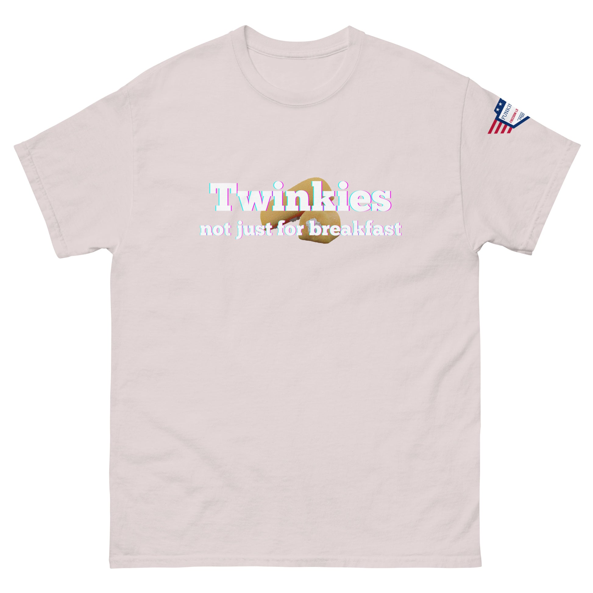 Front view of light pink unisex tee with "Twinkiesies" iridescent print, Twinkie graphic, "not just for breakfast," sleeve flag