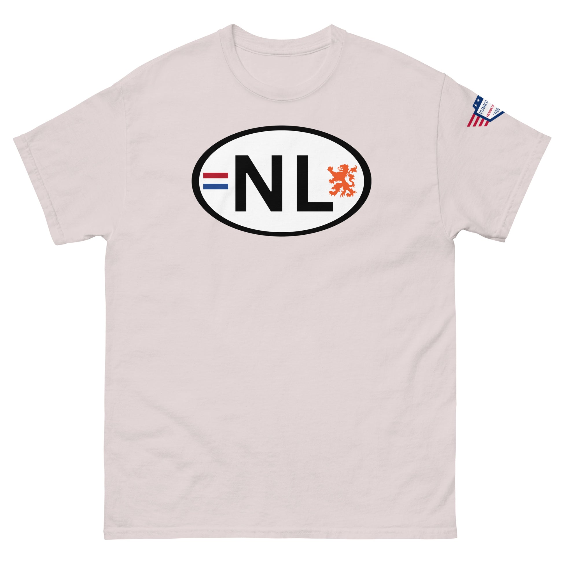 Front view of light ash gray unisex tee displaying white oval "NL" print with flag colors and orange lion