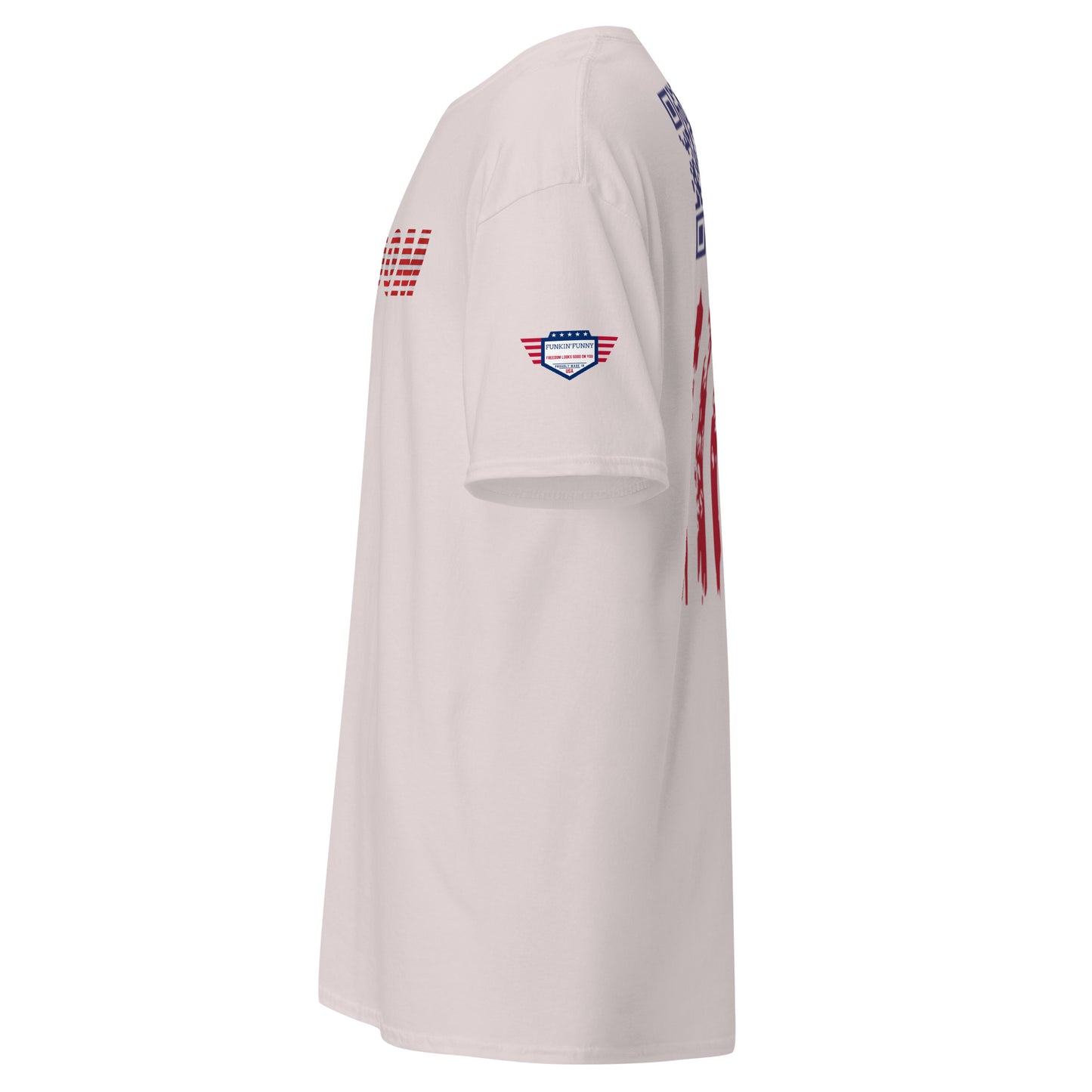 Side angle of ash gray t-shirt showing sleeve flag emblem and partial back print