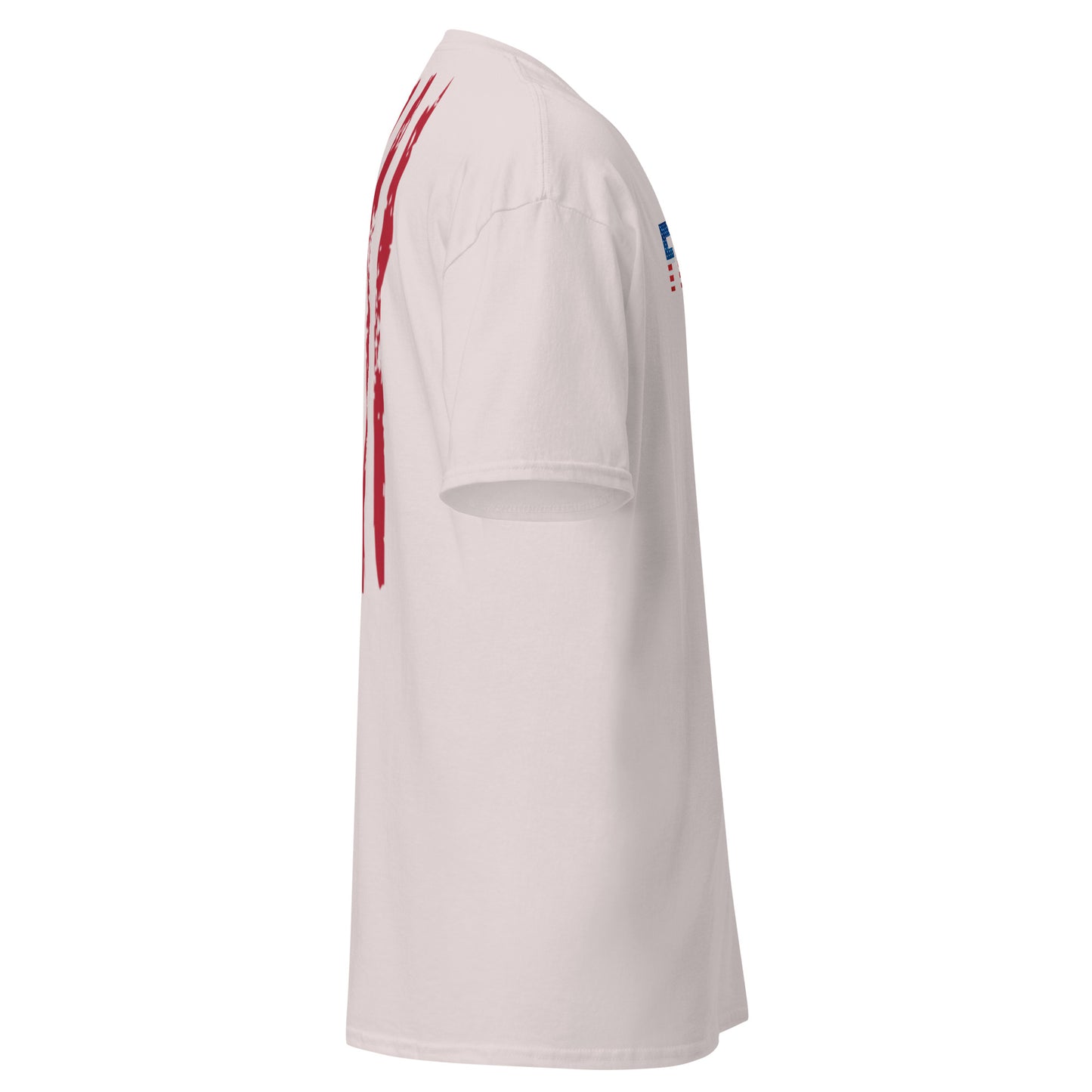 Side profile of ash gray FREEDOM tee exposing distressed back flag stripes