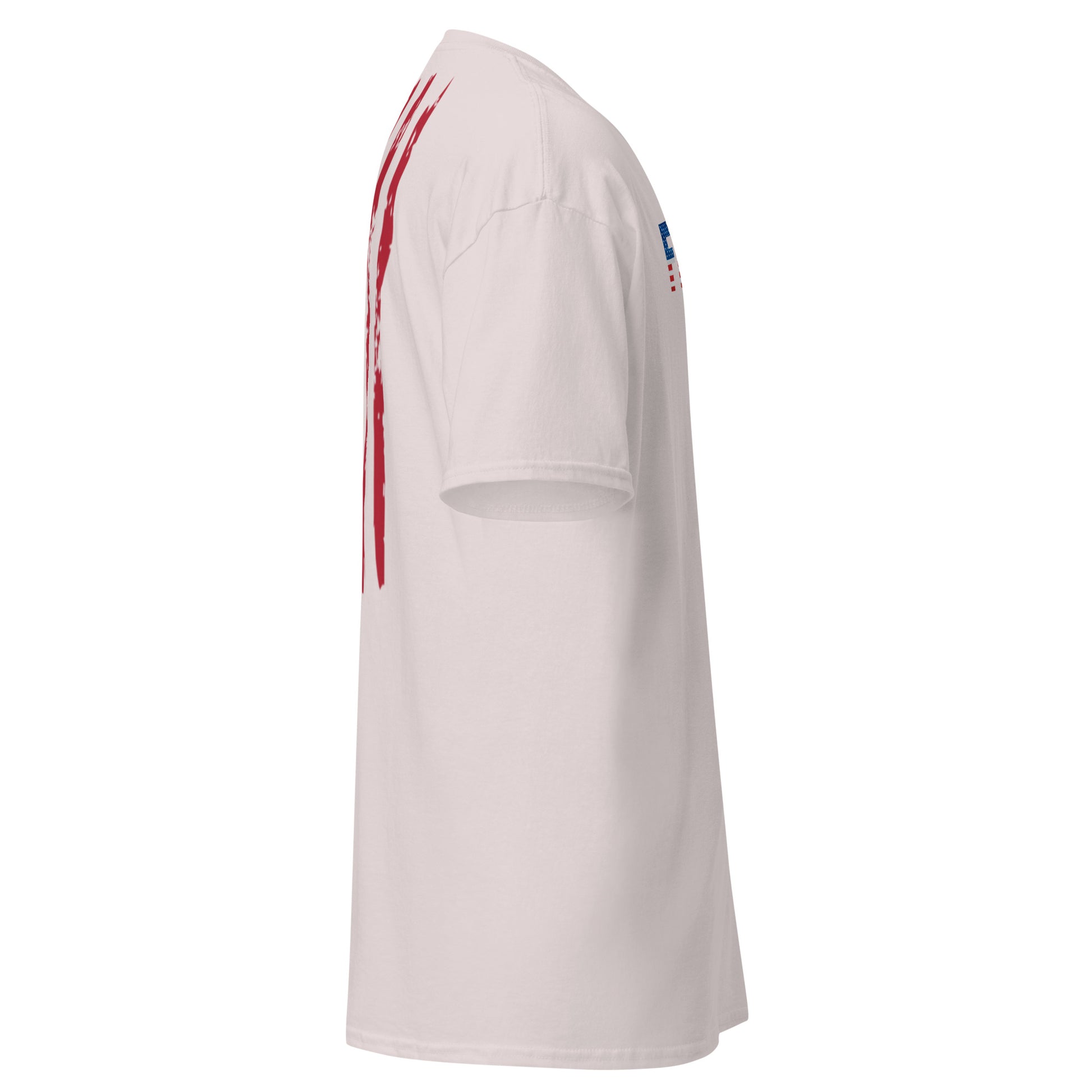 Side profile of ash gray FREEDOM tee exposing distressed back flag stripes