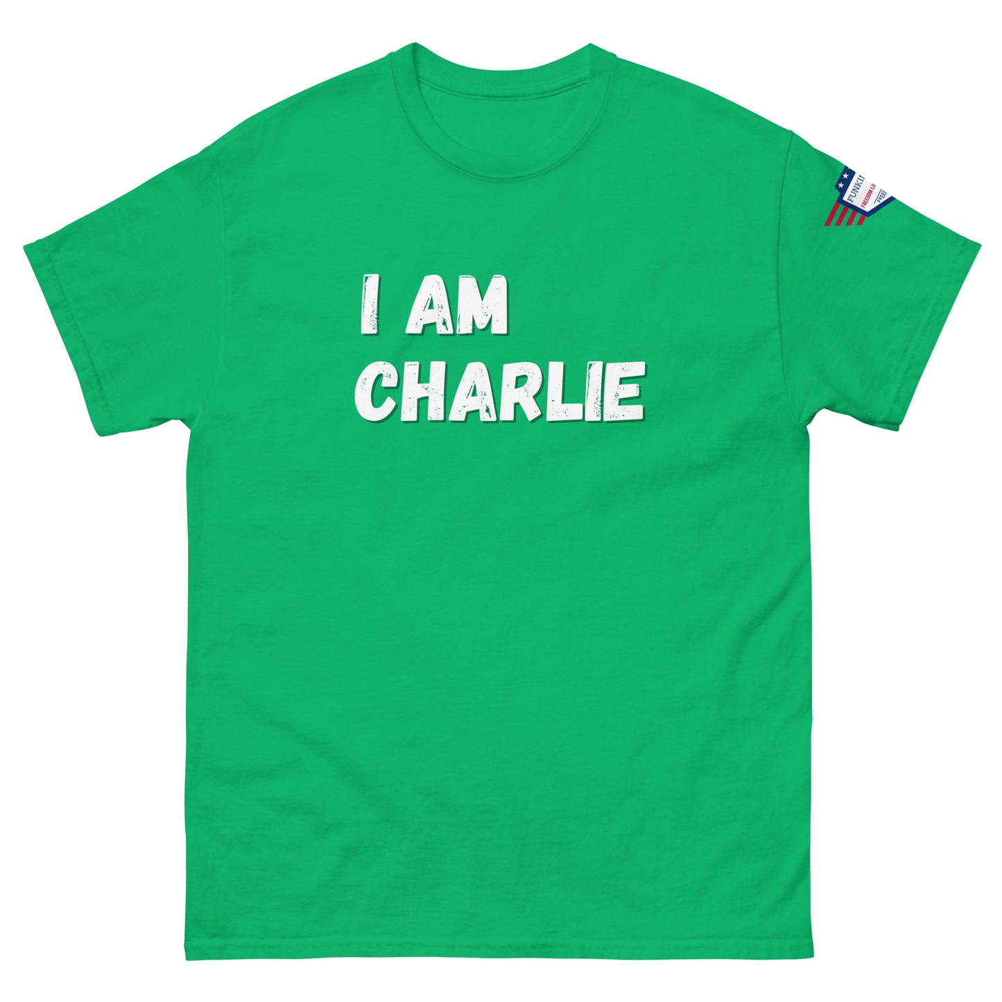 Front view of lime green unisex tee with bold white "I AM CHARLIE" print and small American flag sleeve patch