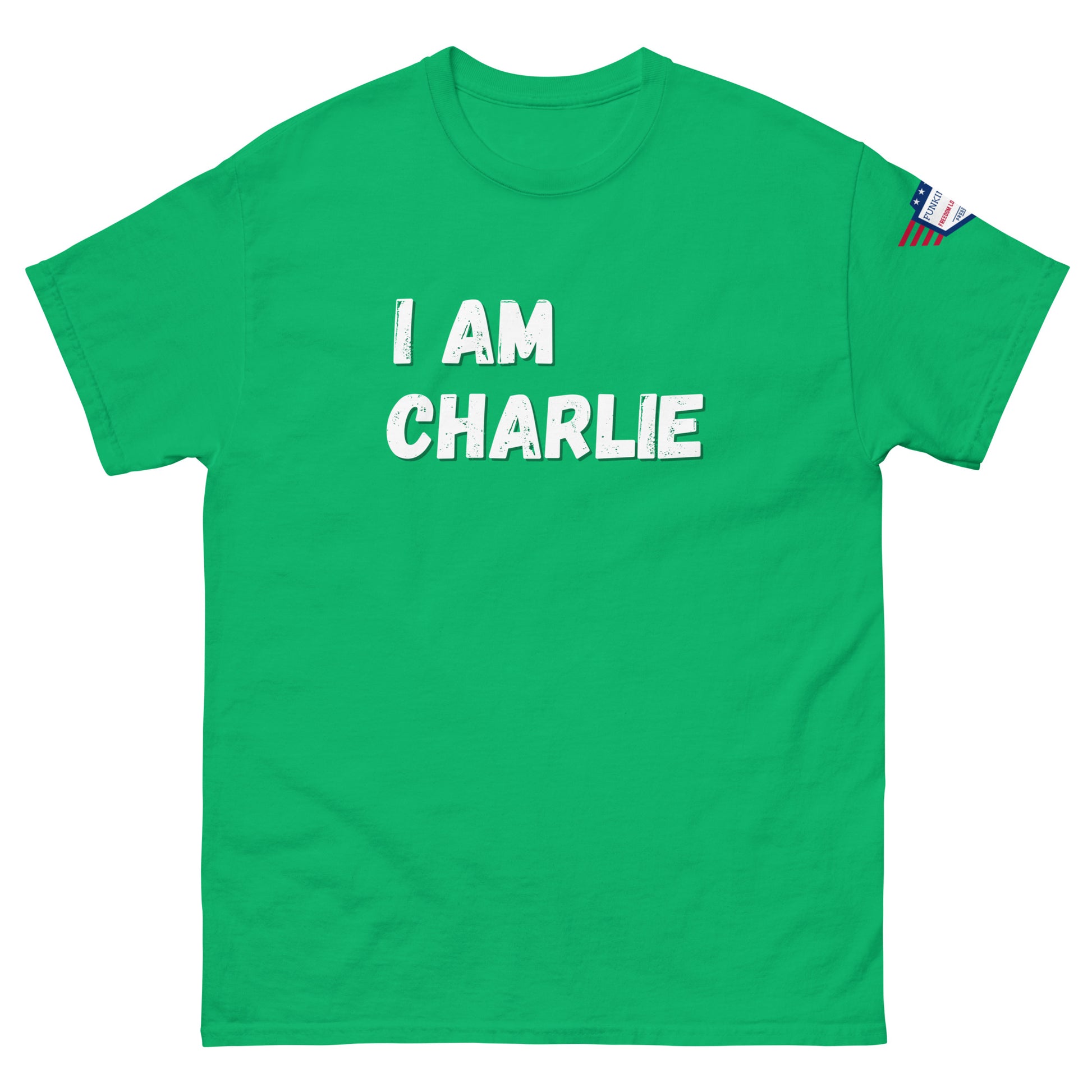Front view of lime green unisex tee with bold white "I AM CHARLIE" print and small American flag sleeve patch