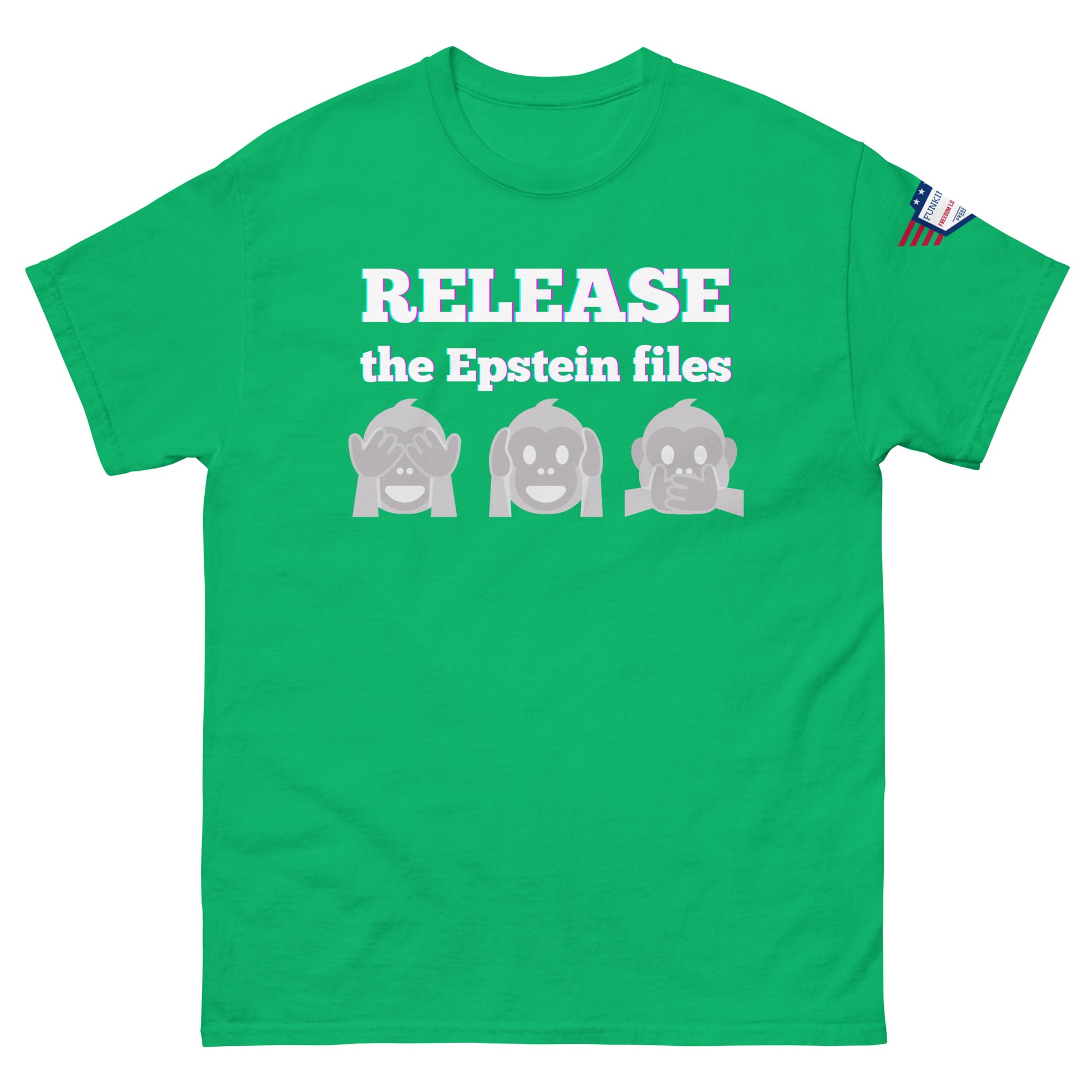 Front view of green unisex t-shirt yelling "RELEASE the Epstein files" via prismatic text and gray monkey crew, flag patch