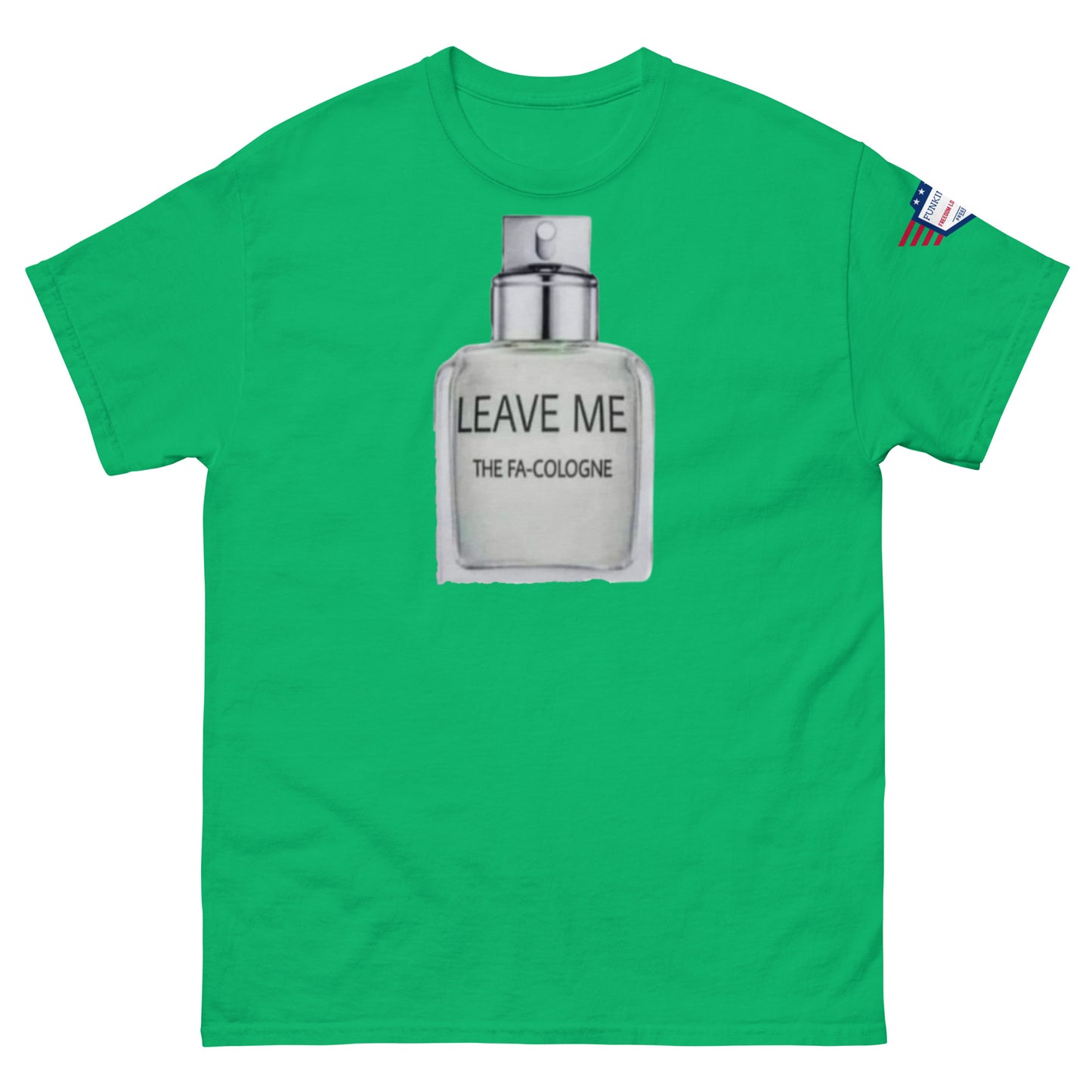 Front view of lime green unisex tee featuring "Leave Me The Fa Cologne" silver spray graphic, USA flag