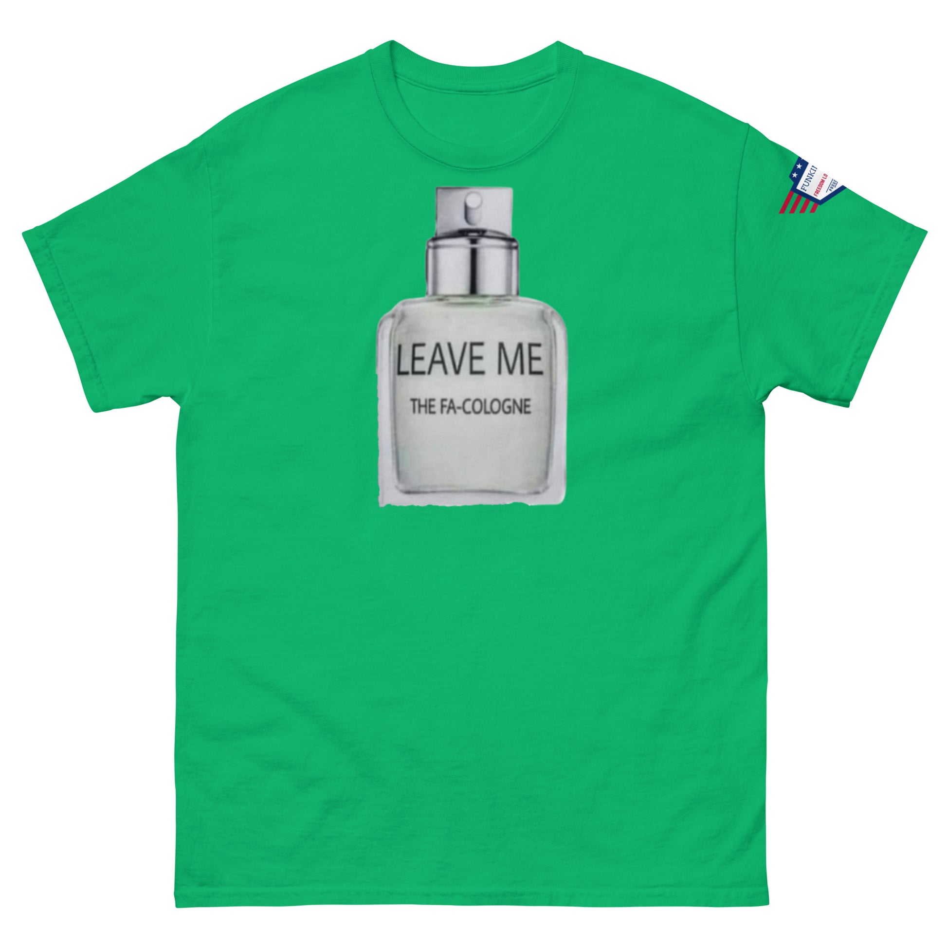 Front view of lime green unisex tee featuring "Leave Me The Fa Cologne" silver spray graphic, USA flag