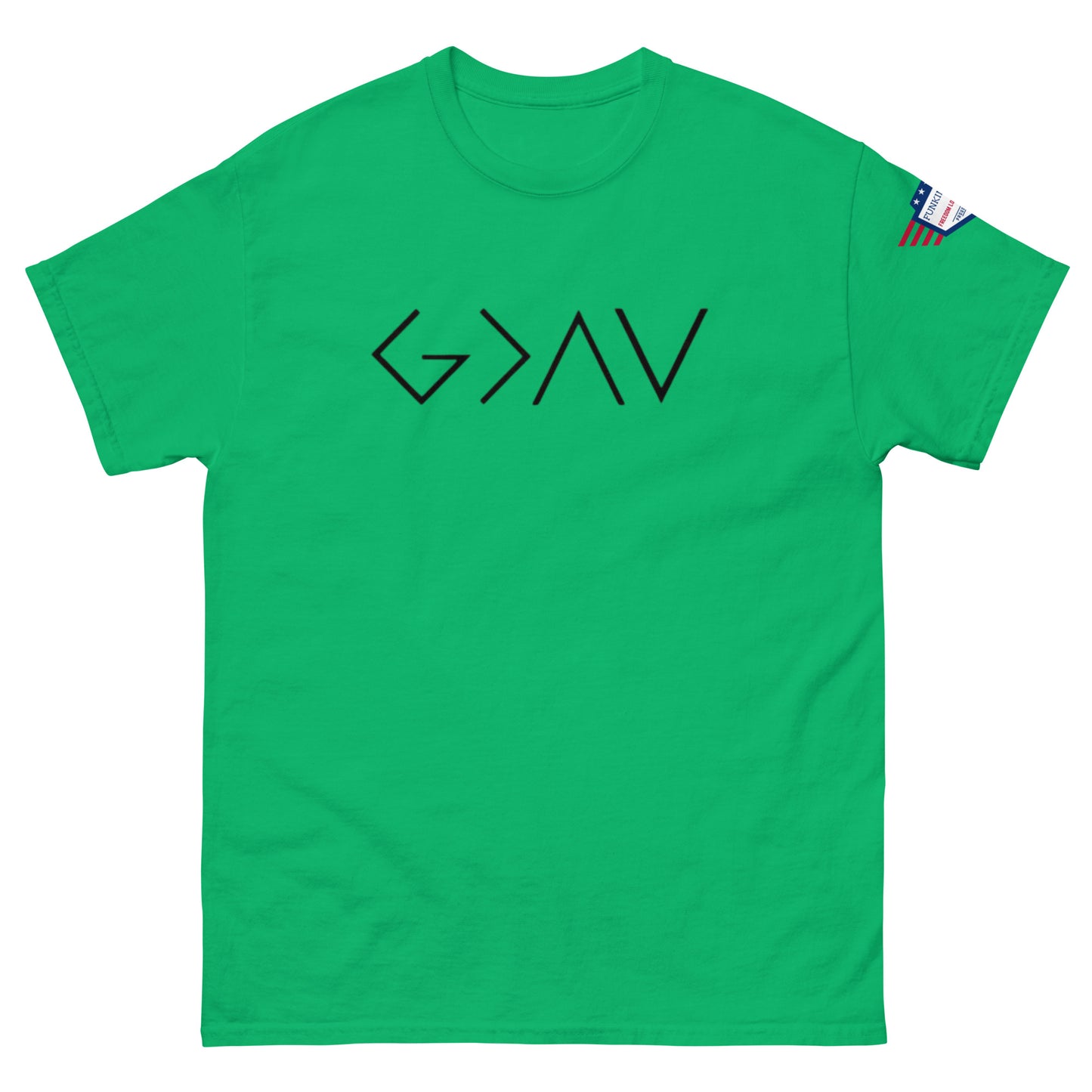 Front view of green unisex t-shirt with bold black "God > All" print and US flag sleeve patch