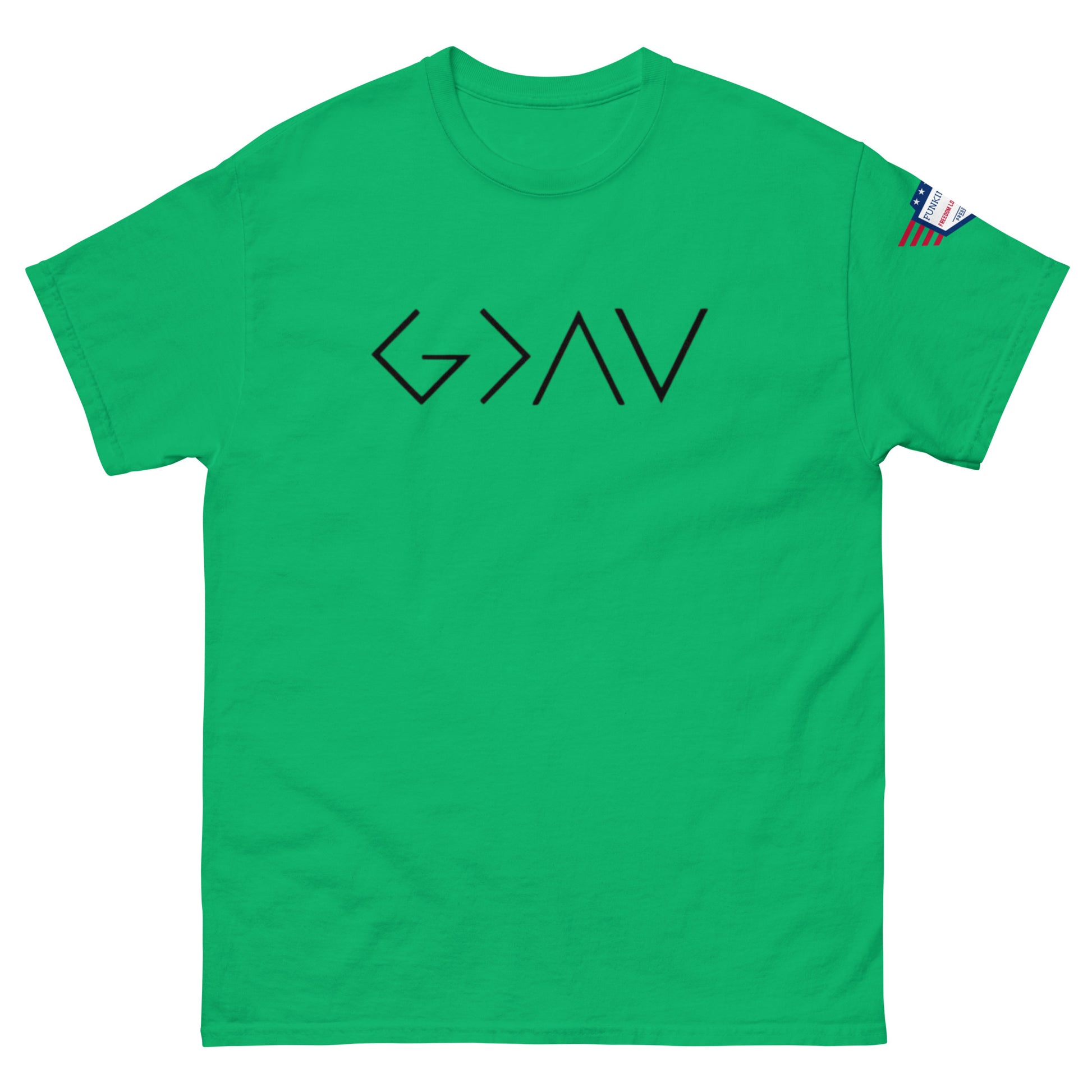 Front view of green unisex t-shirt with bold black "God > All" print and US flag sleeve patch