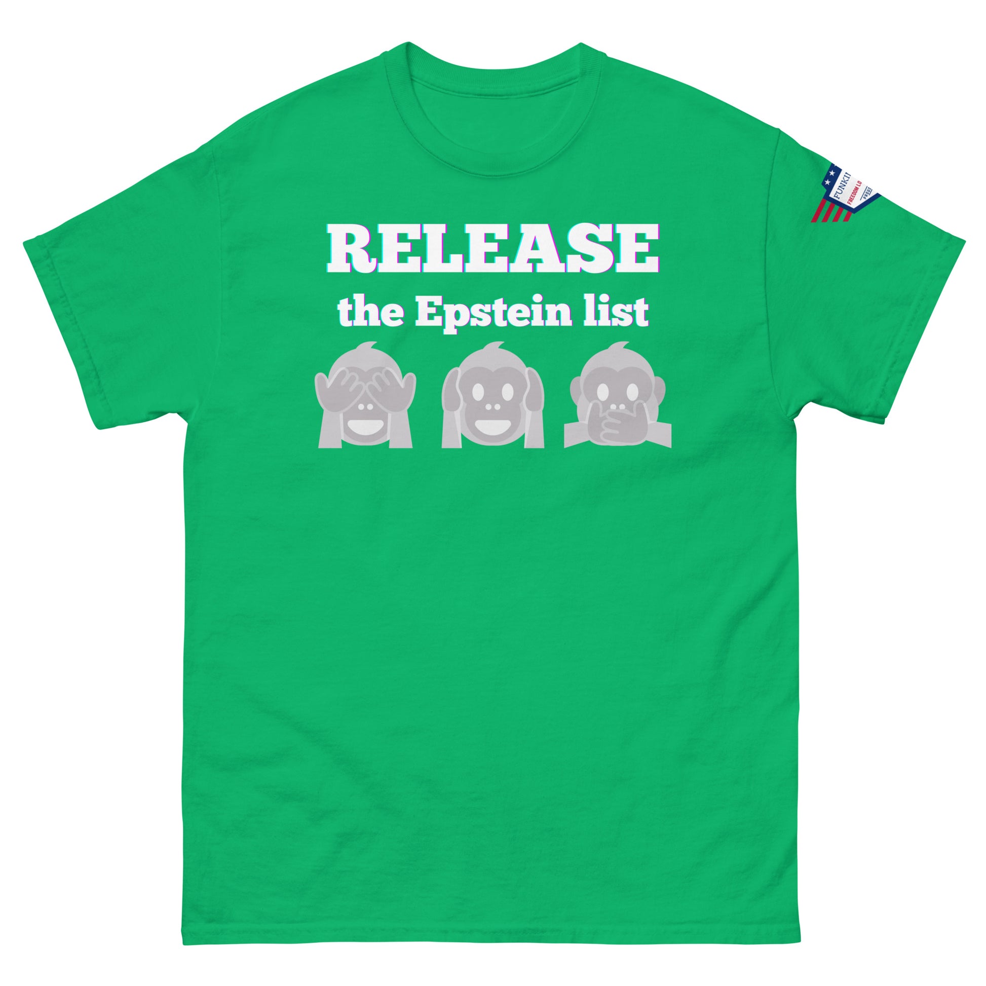 Green unisex tee front view, glowing "RELEASE THE EPSTEIN LIST" print with gray monkey emojis, US flag sleeve patch