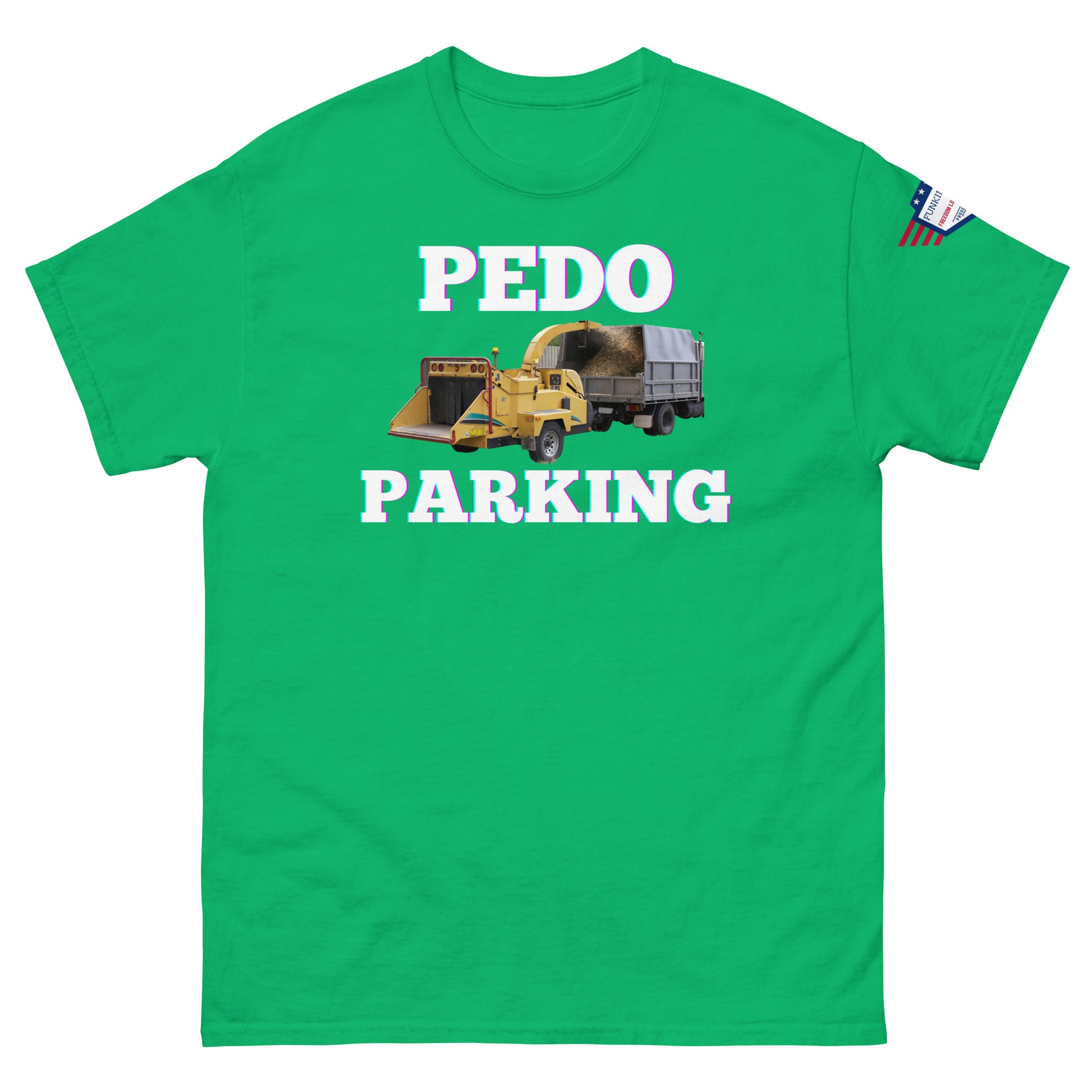 Front view of green tee sporting "PEDODO PARKING" truck graphic and flag sleeve patch