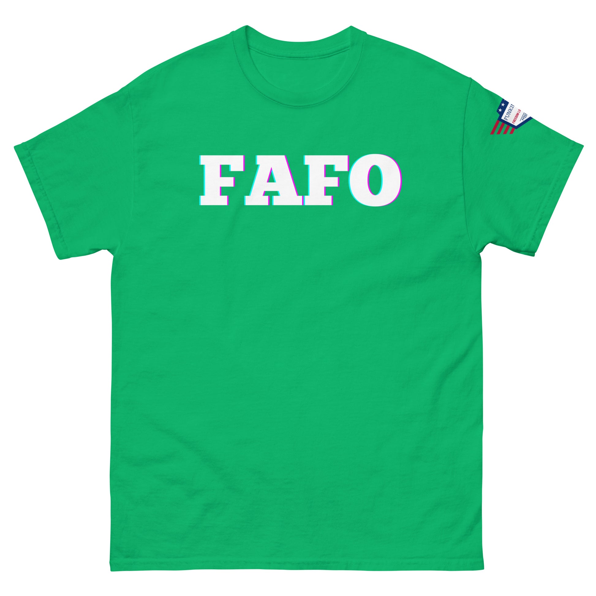 Front view of green unisex tee with bold white/cyan/magenta "FAFO" meme and flag sleeve accent
