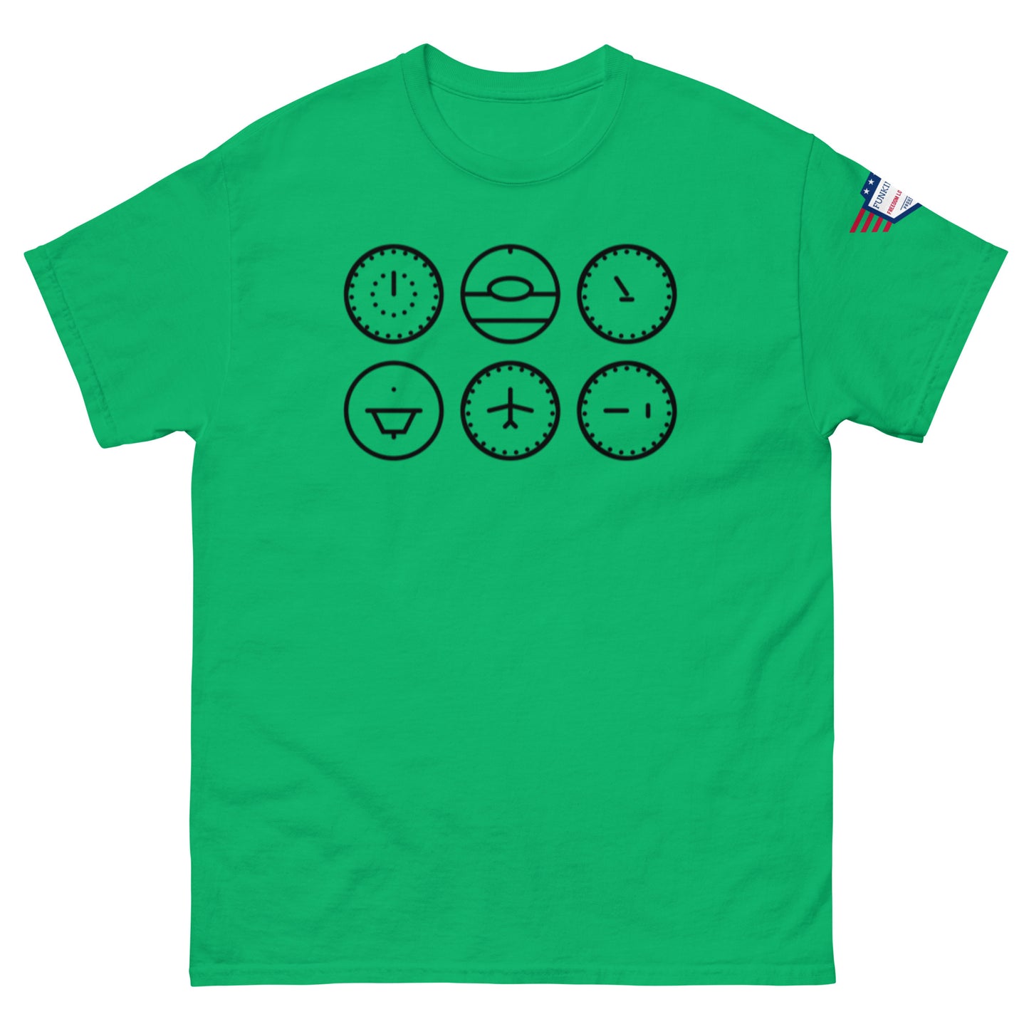 Front view of lime green unisex t-shirt with six black outline clock faces, flag sleeve label