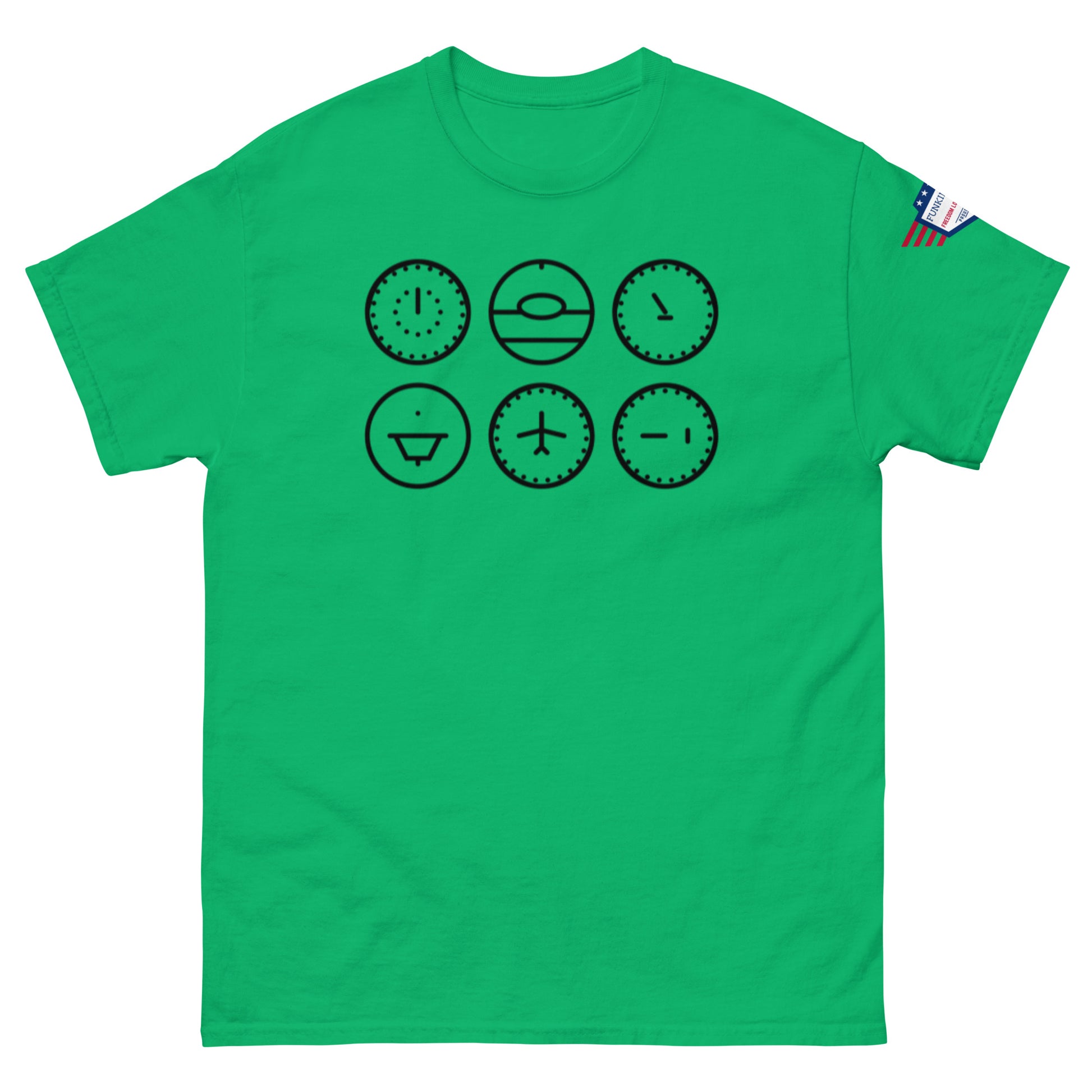 Front view of lime green unisex t-shirt with six black outline clock faces, flag sleeve label