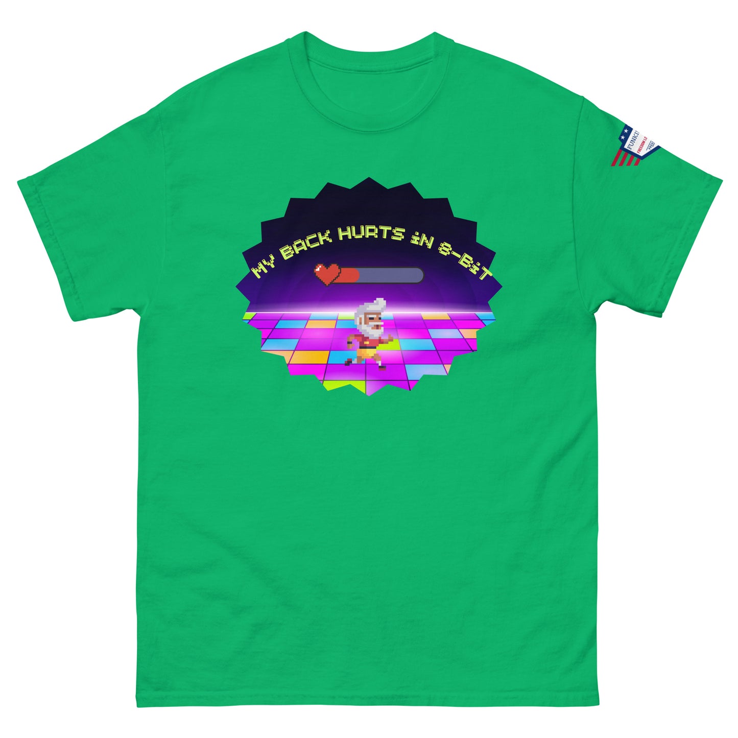 Front view of green unisex tee showing "My Back Hurts 98%" glowing pixel chef dance design, USA flag patch