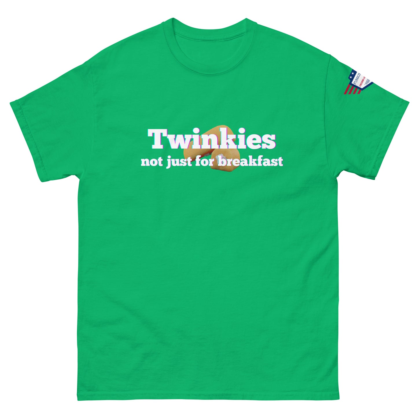 Front view of lime green unisex tee with rainbow "Twinkies" over Twinkie graphic and white "not just for breakfast" text, flag sleeve patch