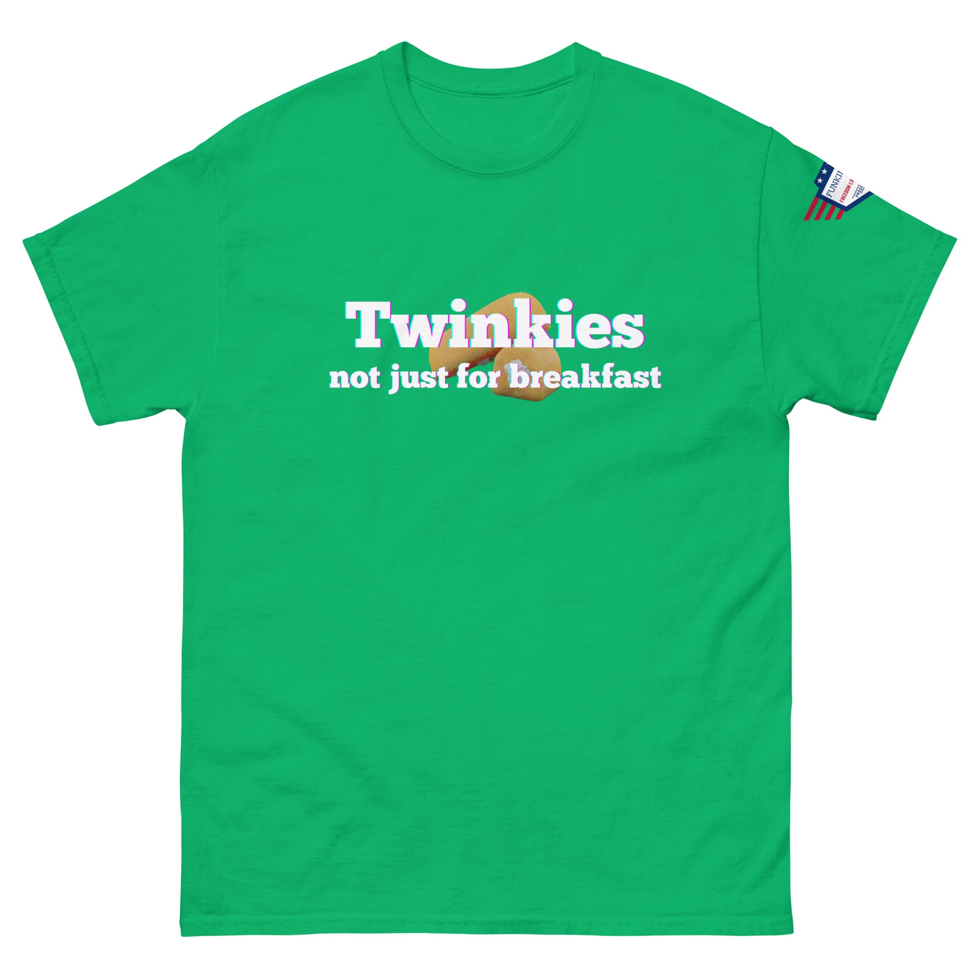 Front view of lime green unisex tee with rainbow "Twinkies" over Twinkie graphic and white "not just for breakfast" text, flag sleeve patch