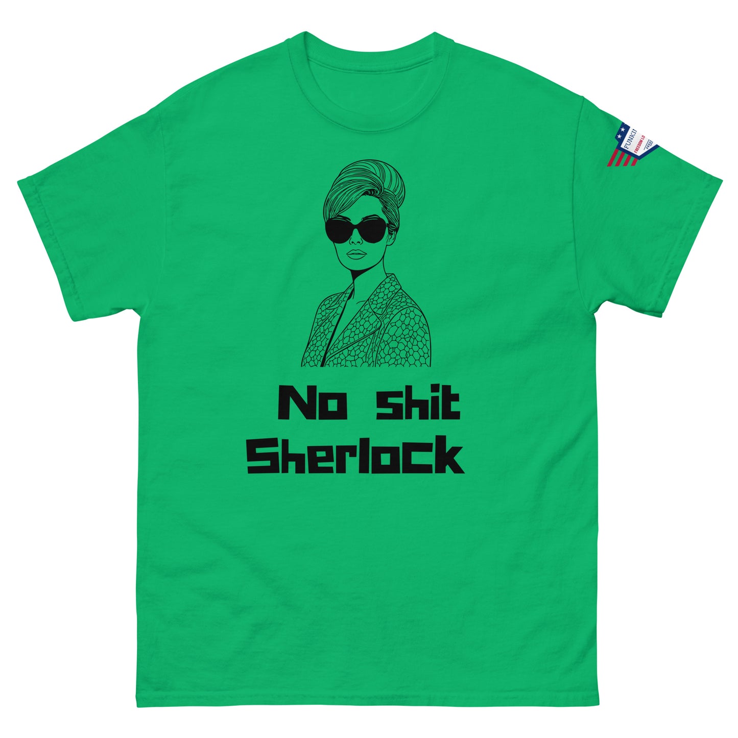Front view of kelly green unisex tee with beehive icon and cheeky "No shit Sherlock"