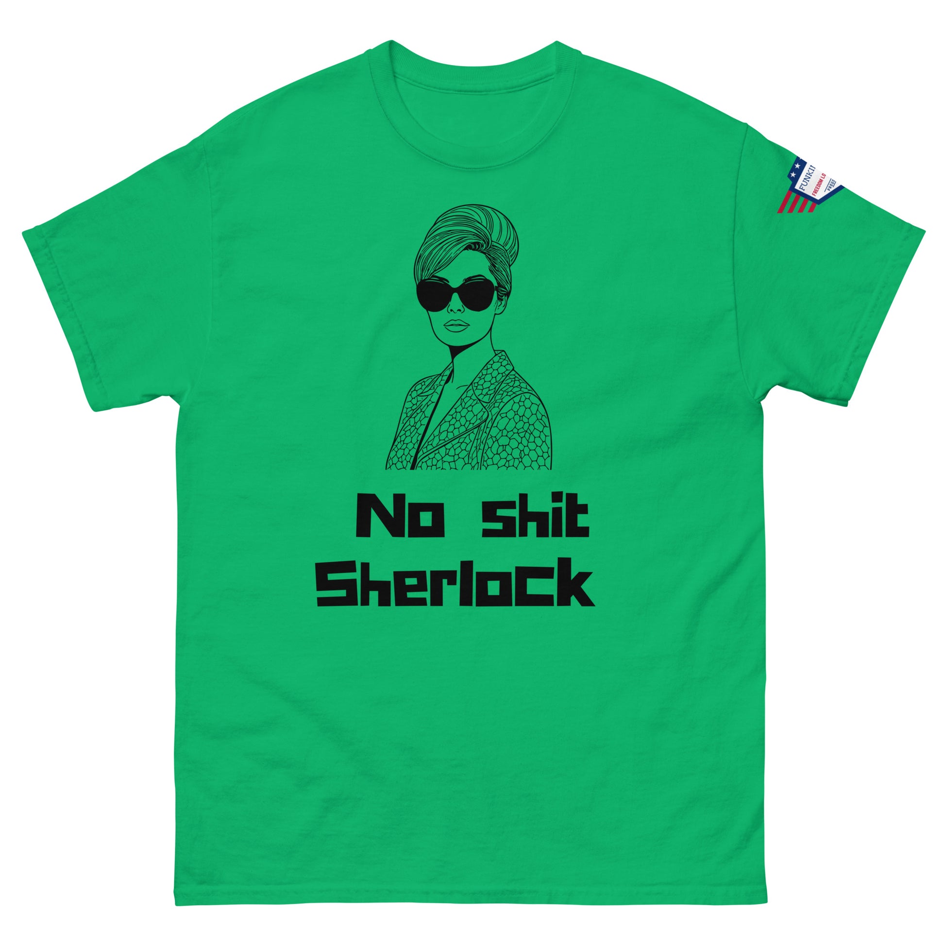 Front view of kelly green unisex tee with beehive icon and cheeky "No shit Sherlock"