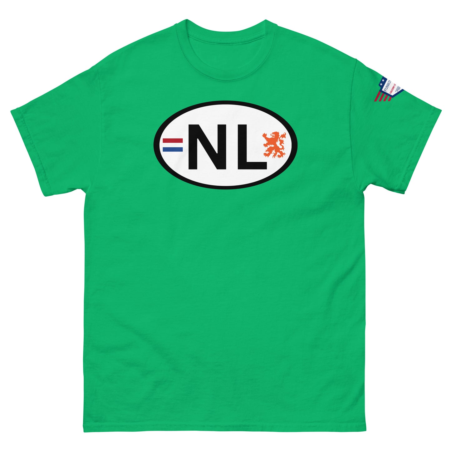 Front view of kelly green unisex tee featuring white oval NL Dutch emblem and lion, USA sleeve detail