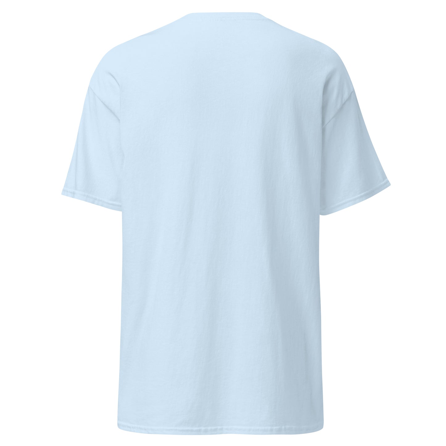 Back view of plain light blue classic tee, no back print