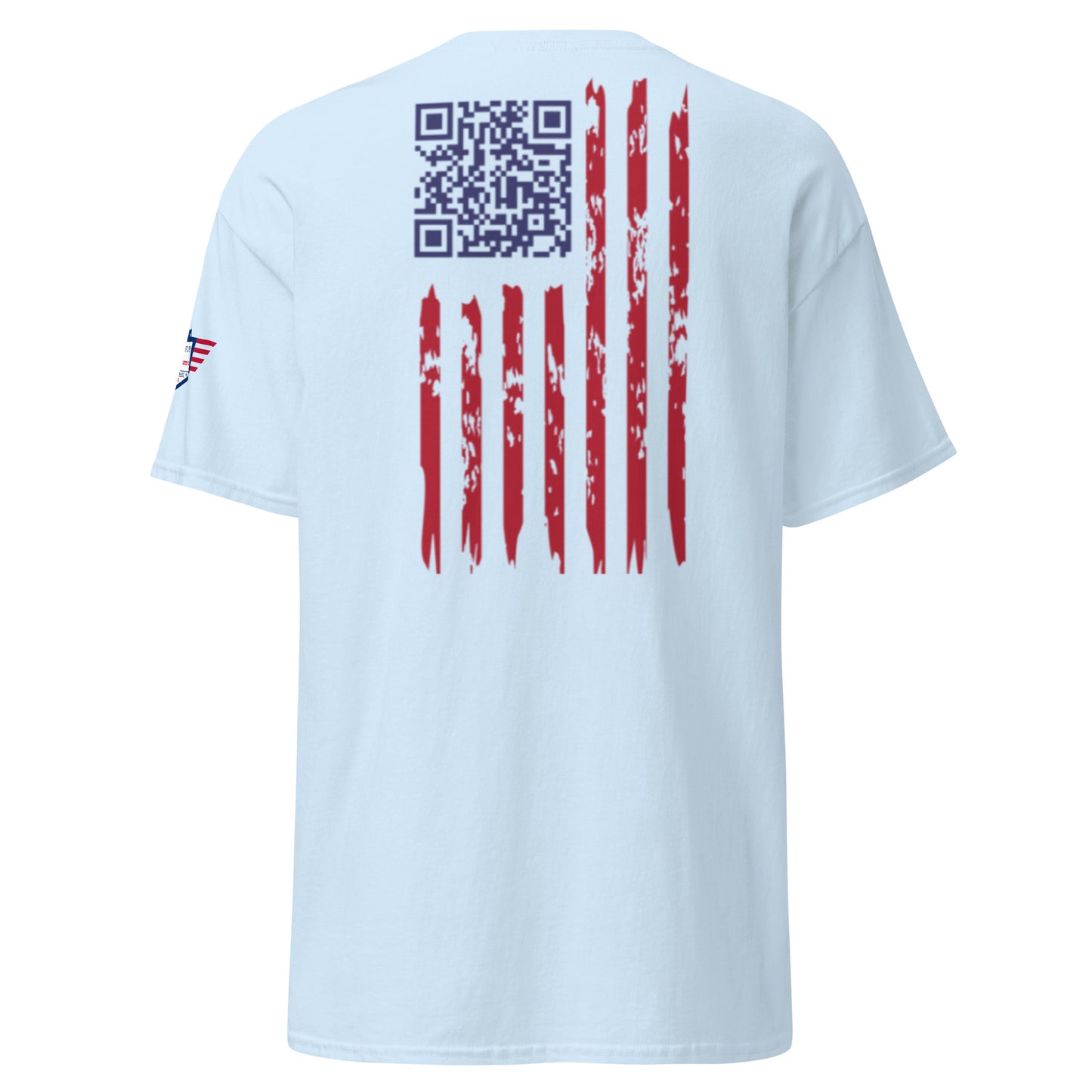 Back view light blue unisex t-shirt with QR code, distressed red flag stripes, eagle USA sleeve patch