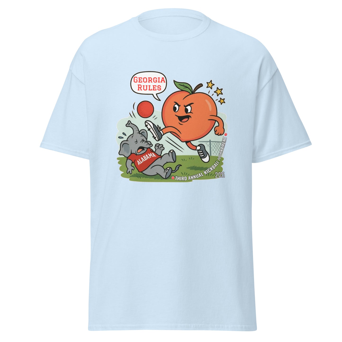 Front view of light blue classic tee with Georgia peach kicking red ball at Alabama elephant, "Georgia rules!", Third Annual tournament art