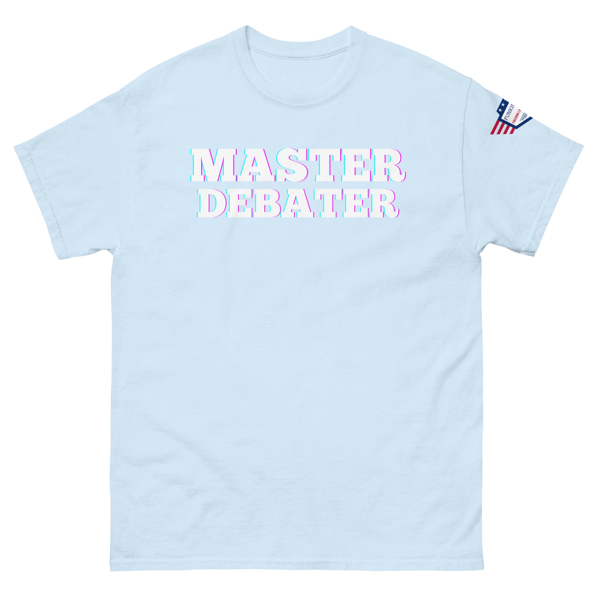 Front view of baby blue unisex tee with bold "MASTER DEBATER" print and US flag sleeve patch