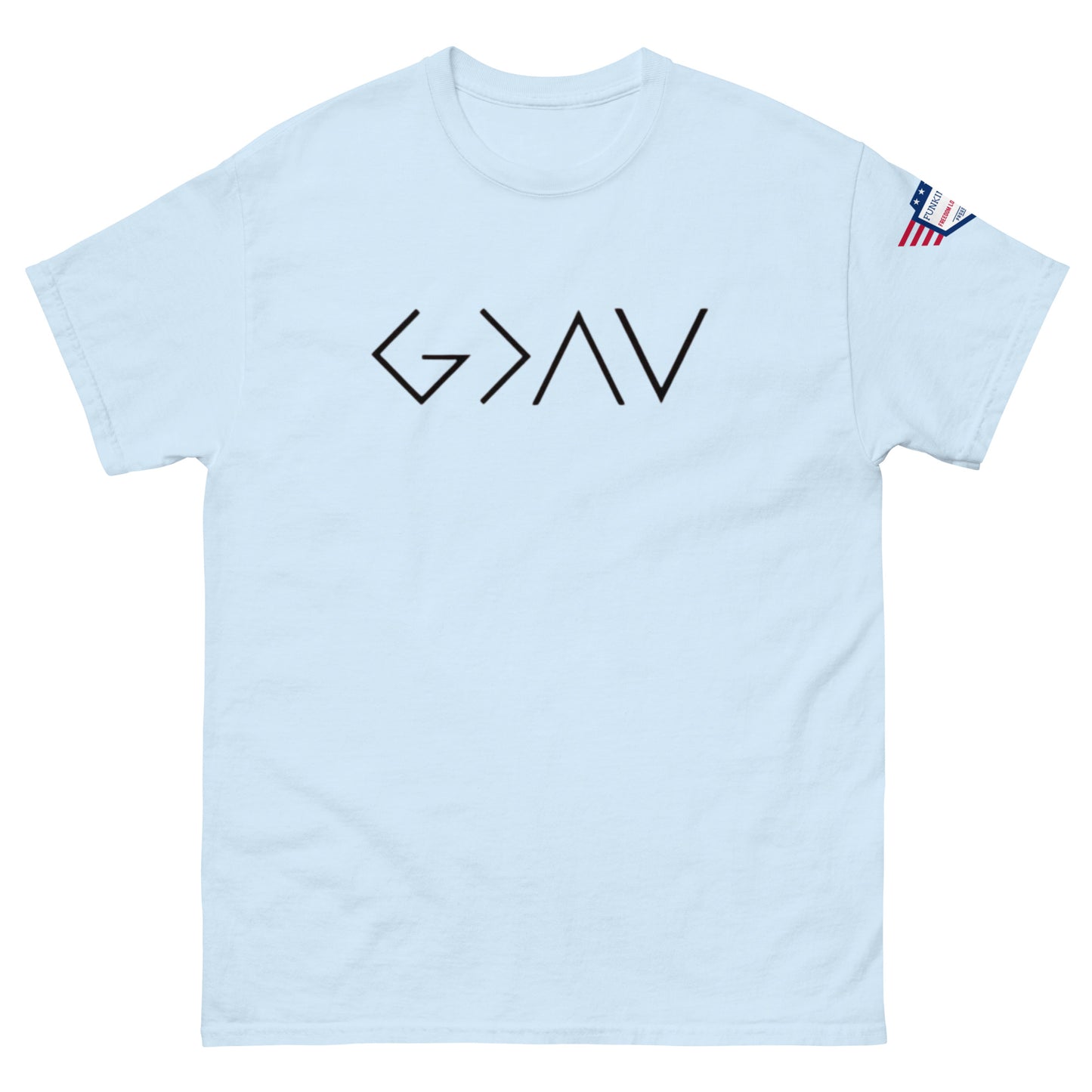Front view of light blue unisex tee with bold black "G > AV" print and small US flag sleeve patch
