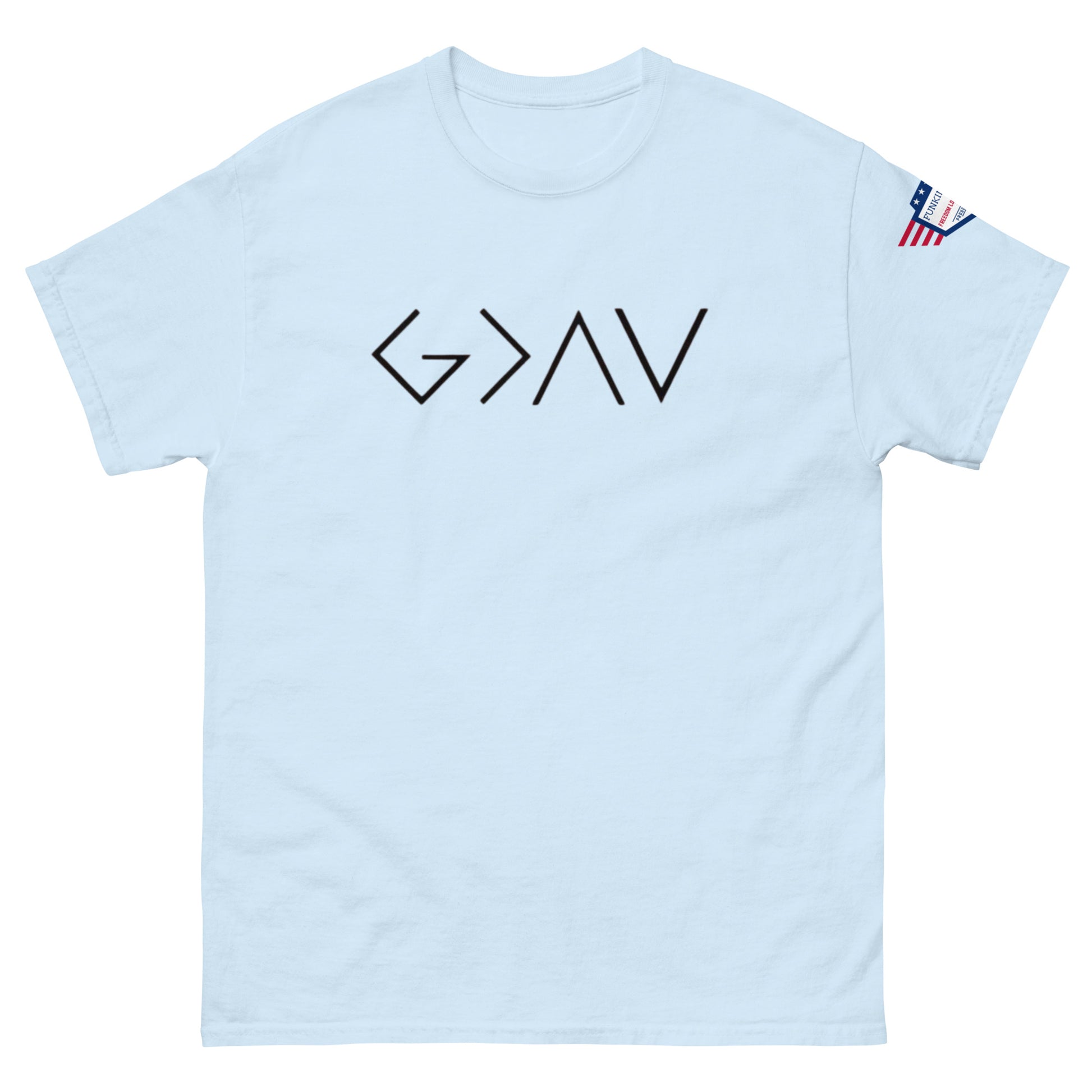 Front view of light blue unisex tee with bold black "G > AV" print and small US flag sleeve patch