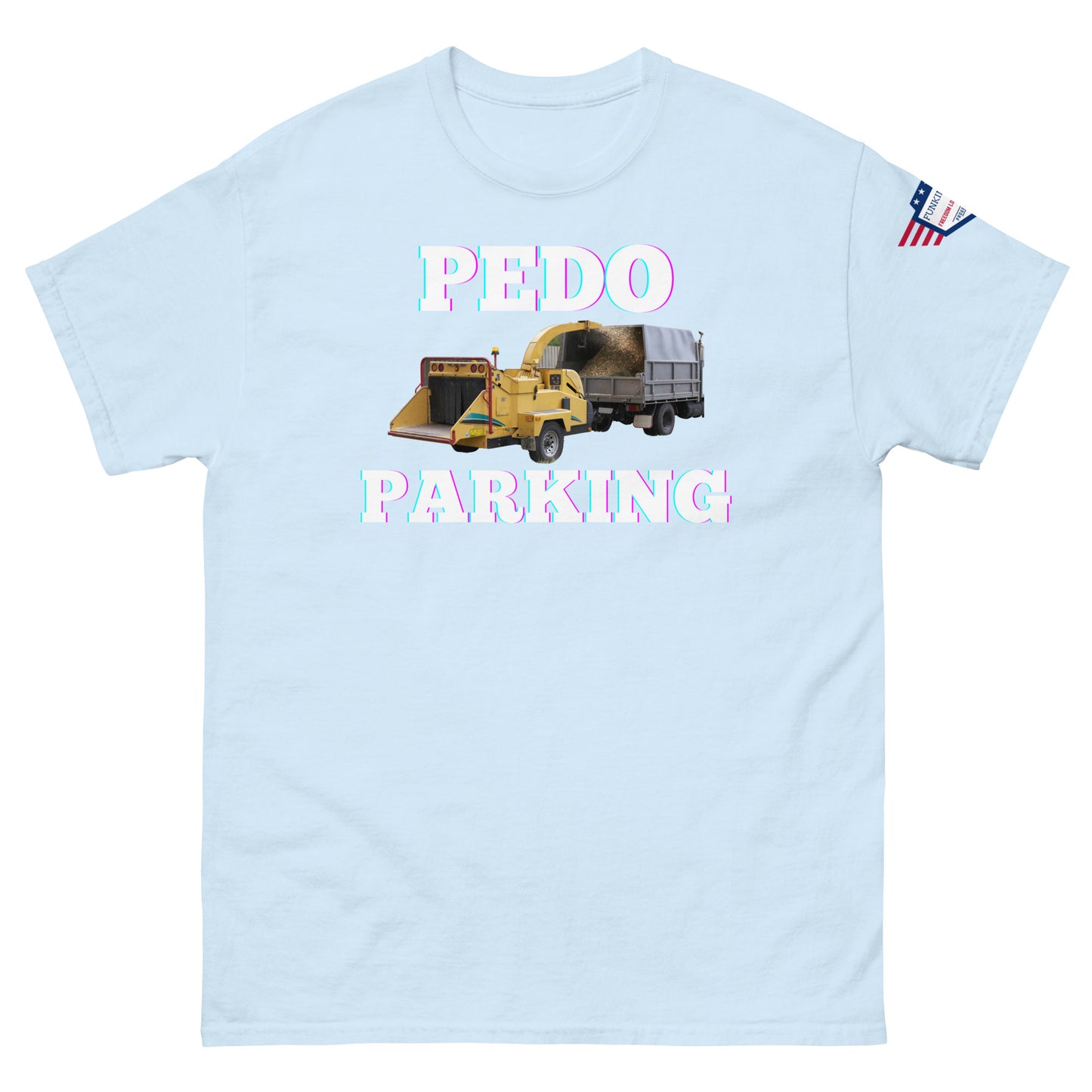 Front view of light blue unisex tee with glowing "PEDOO PARKING" text, yellow loader dumping into dump truck graphic, USA flag sleeve patch