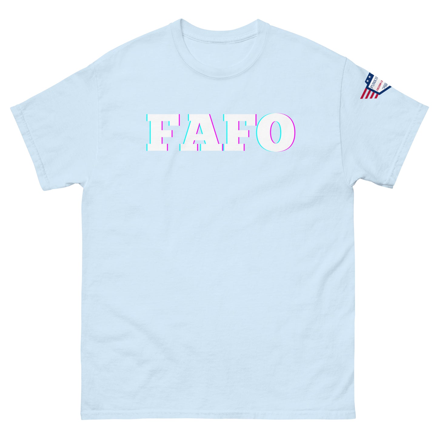 Front view of light blue unisex tee with bold glitchy "FAFO" graphic and US flag sleeve patch