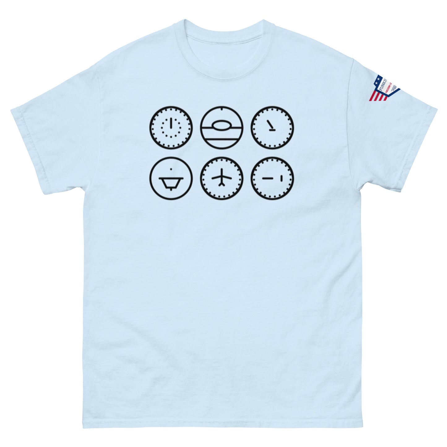 Front view of light blue unisex tee with six black line-art clock faces — happy, sad, sunny, and plane vibes