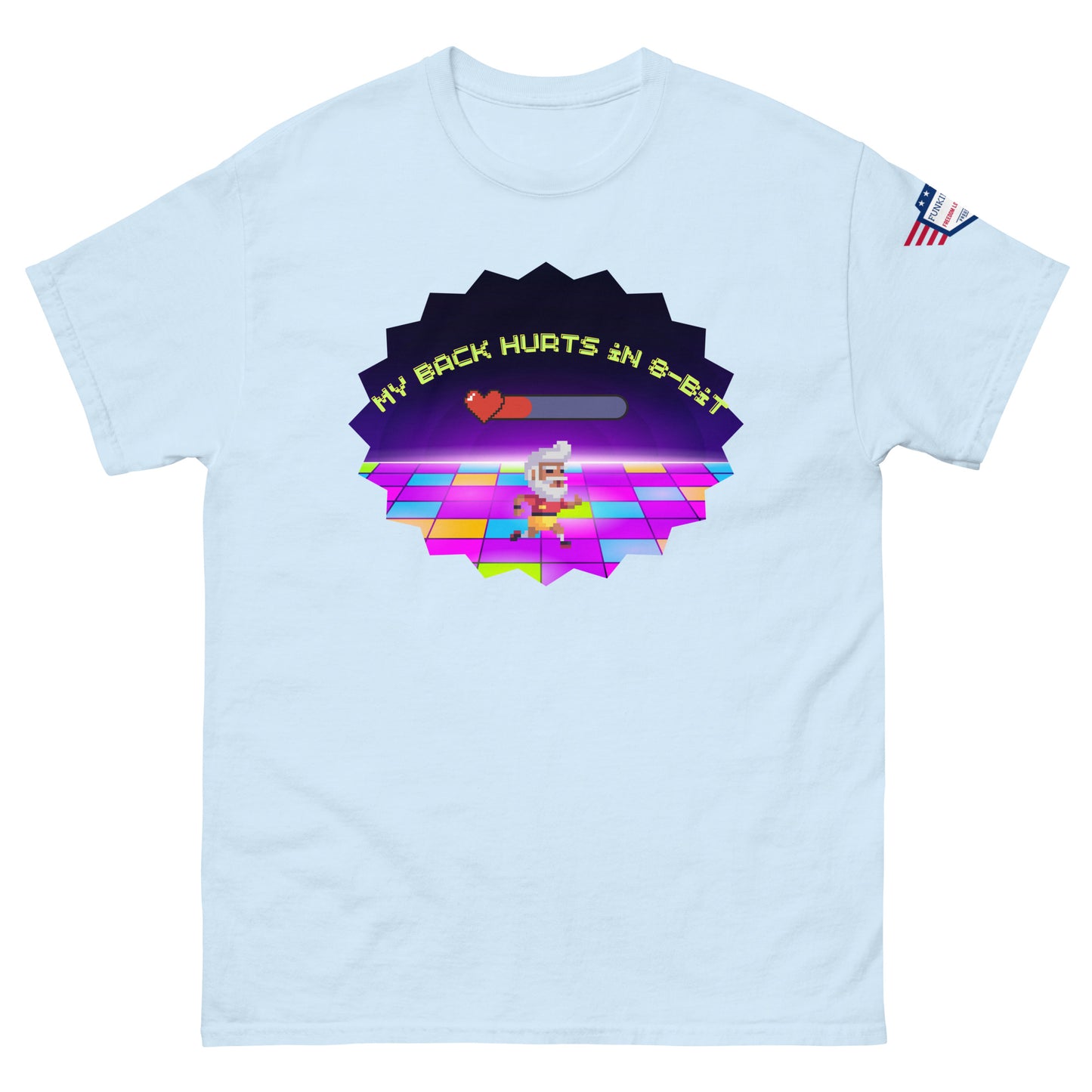 Front view of light cyan tee with "My back hurts so bad" progress bar, dancing chef on 80s disco floor in starburst print, USA flag sleeve patch