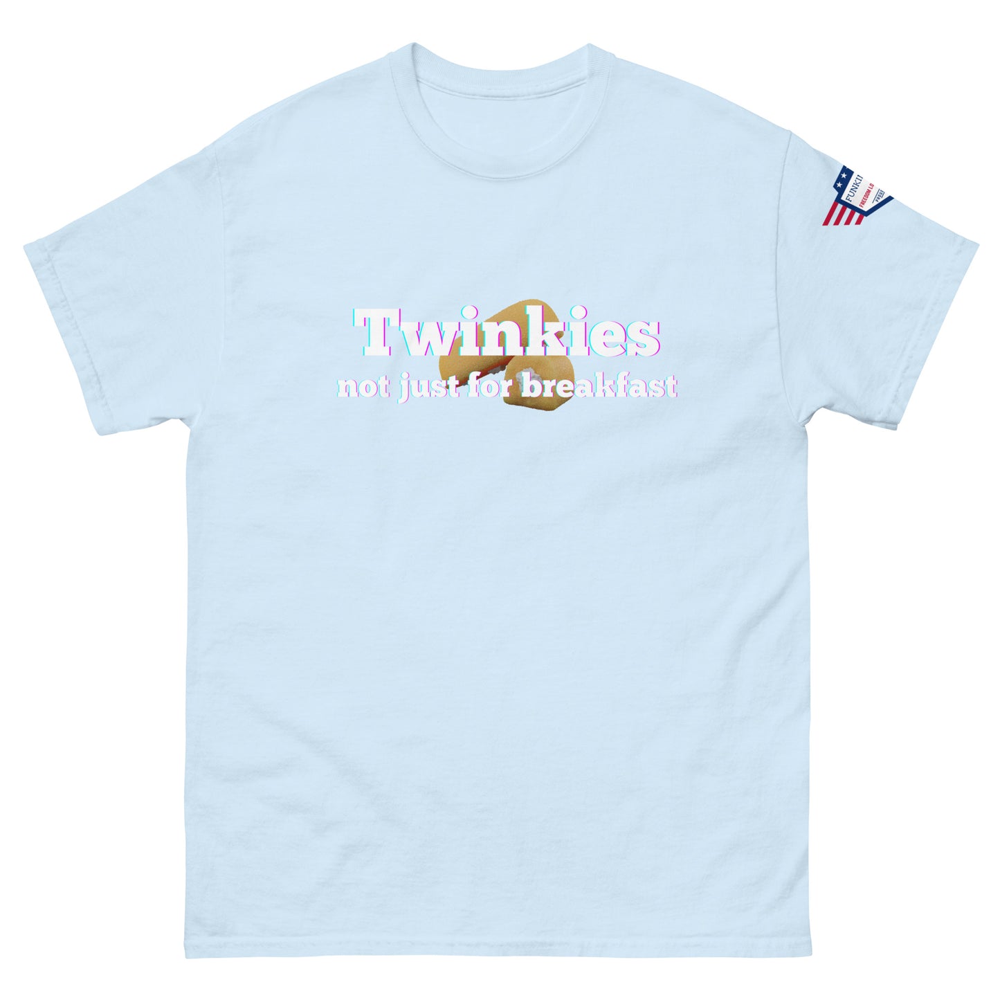 Front view of baby blue unisex tee with "Twinkies not just for breakfast" print and Twinkie graphic, USA flag sleeve patch