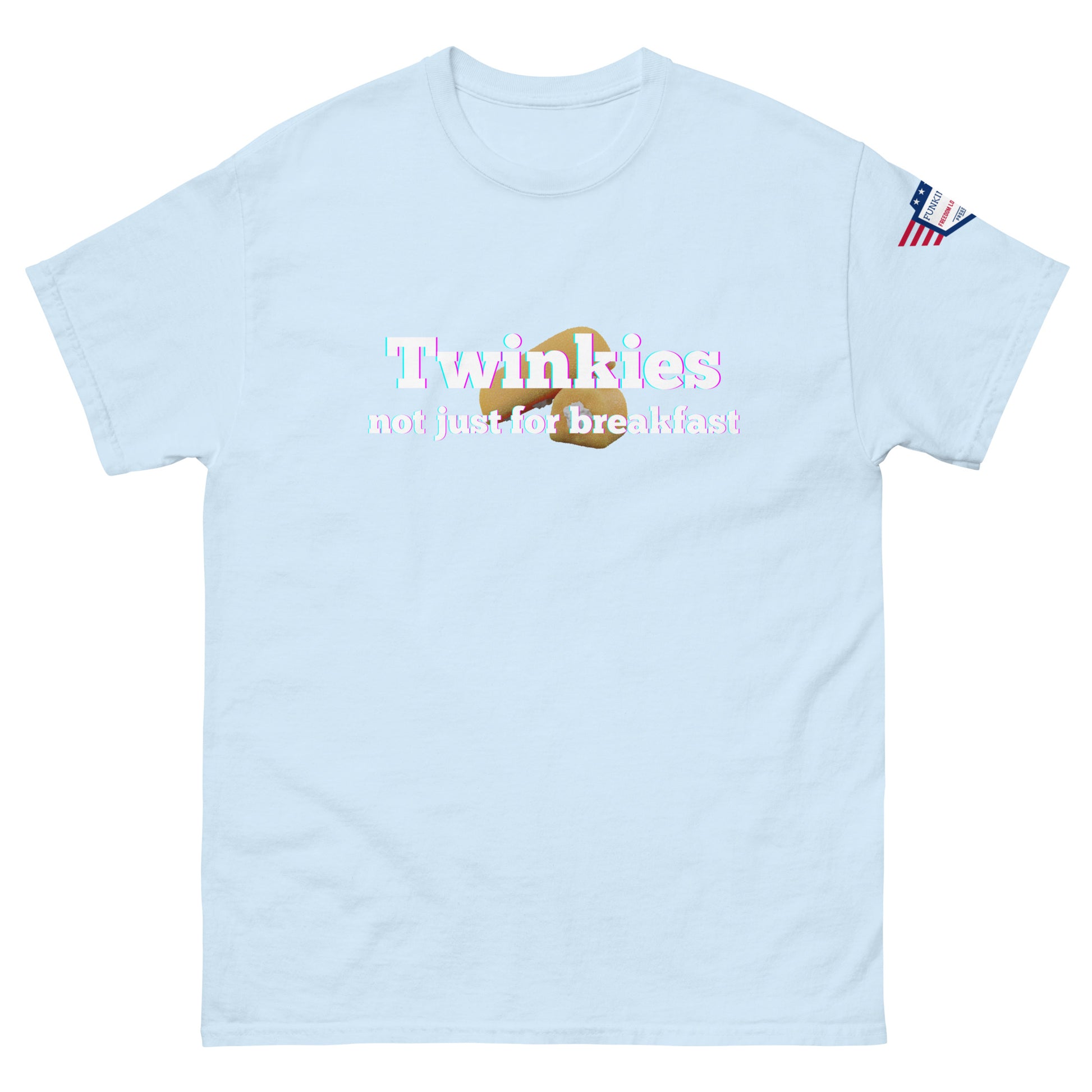 Front view of baby blue unisex tee with "Twinkies not just for breakfast" print and Twinkie graphic, USA flag sleeve patch