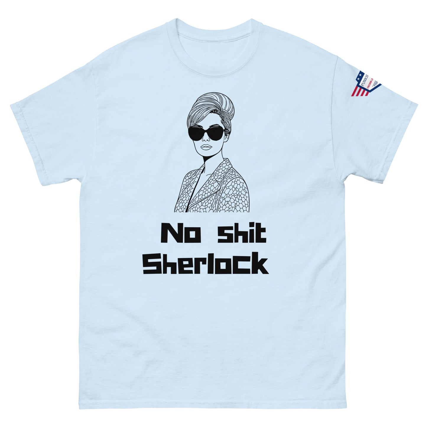 Front view of light blue unisex t-shirt with black "No shit Sherlock" print and sassy beehived woman graphic