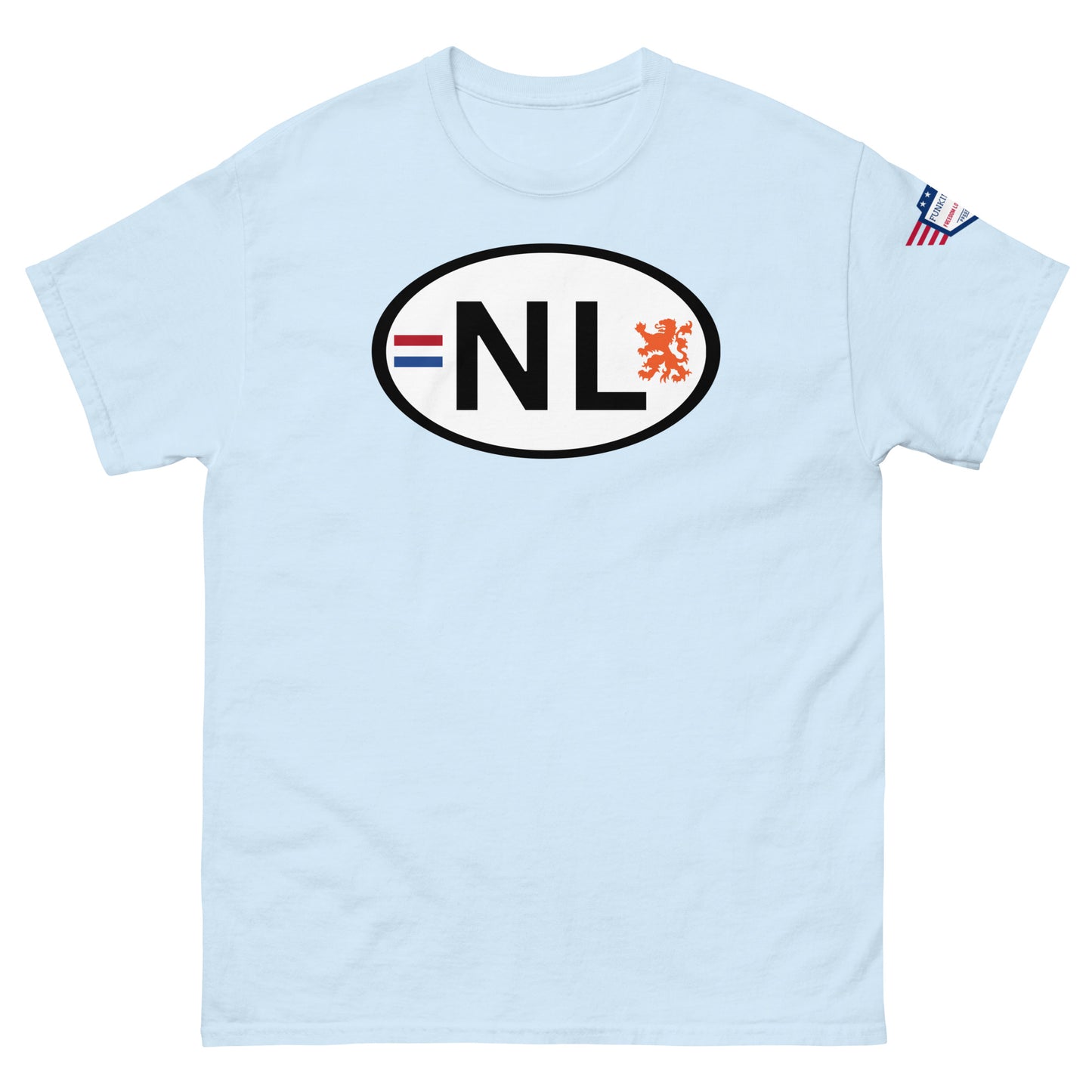 Front view of light blue unisex classic tee with white oval NL license plate print, Dutch flag stripes, orange lion, USA flag sleeve patch